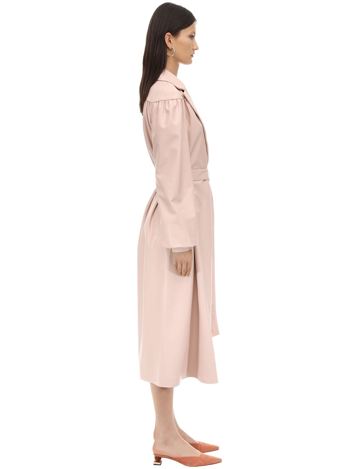 Ruffled Faux Leather Trench Coat W/ Belt