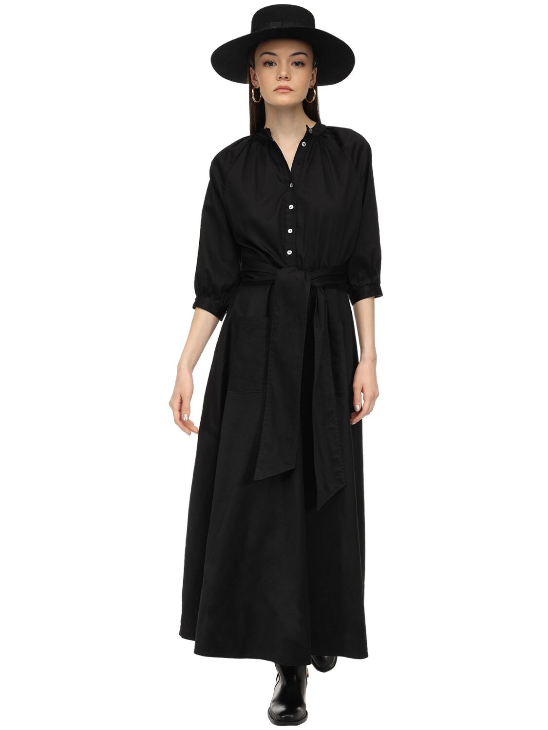 Acheval Pampa Belted Cotton Blend Satin Midi Dress In Black