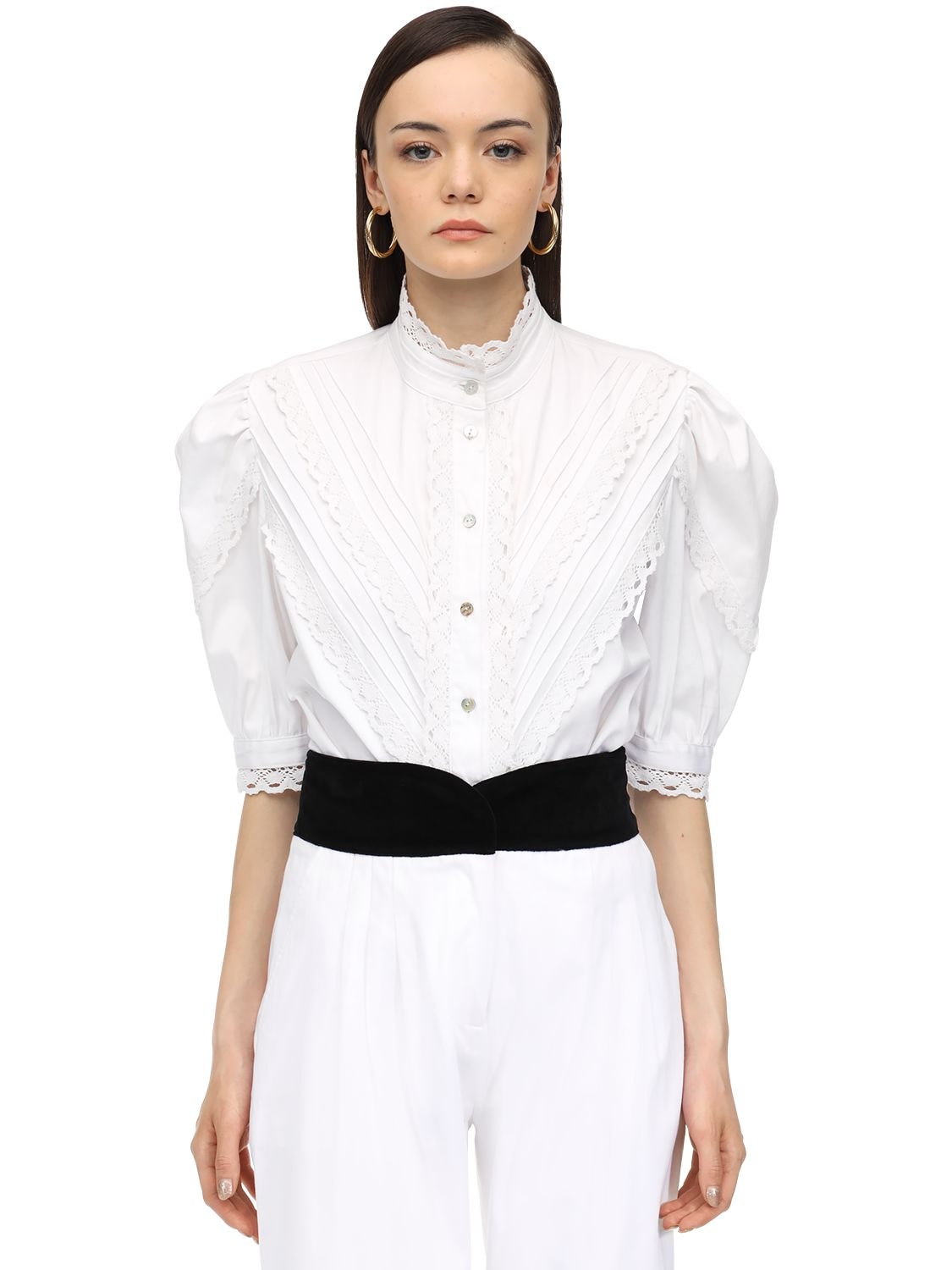 Acheval Pampa Cotton Blend Satin Shirt W/ Lace In White