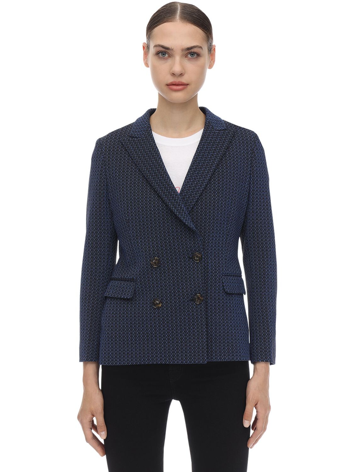 Saulina Double Breasted Lurex Jacket In Blue