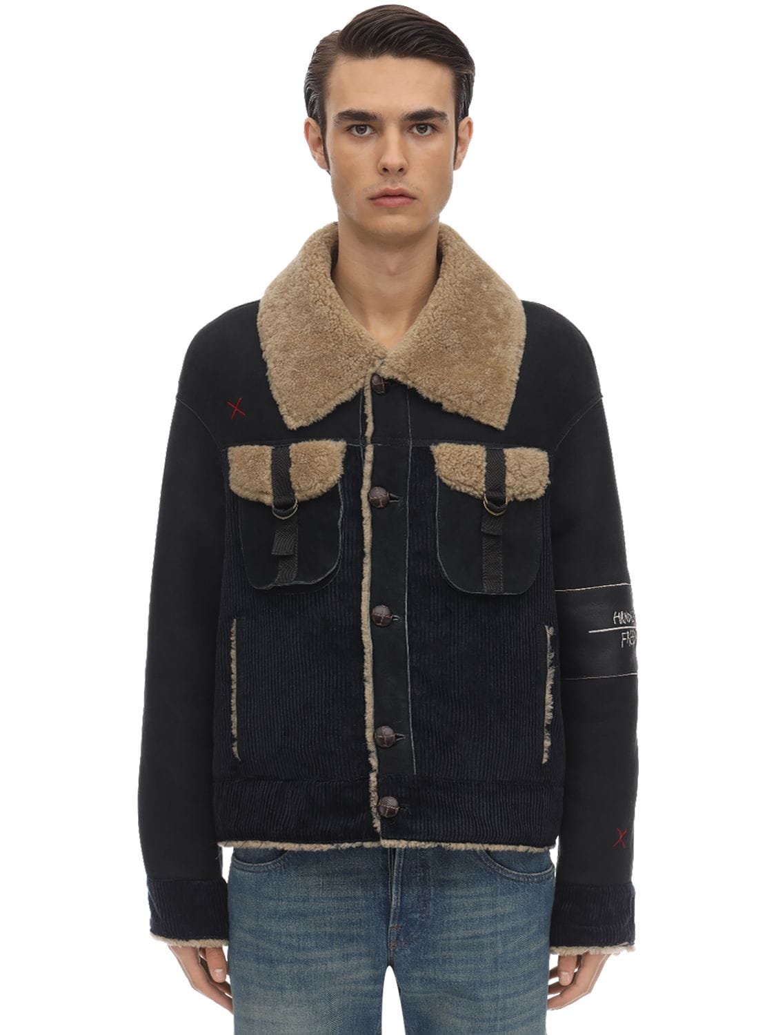 Handle With Freedom Reversible Corduroy Jacket W/shearling In Blue