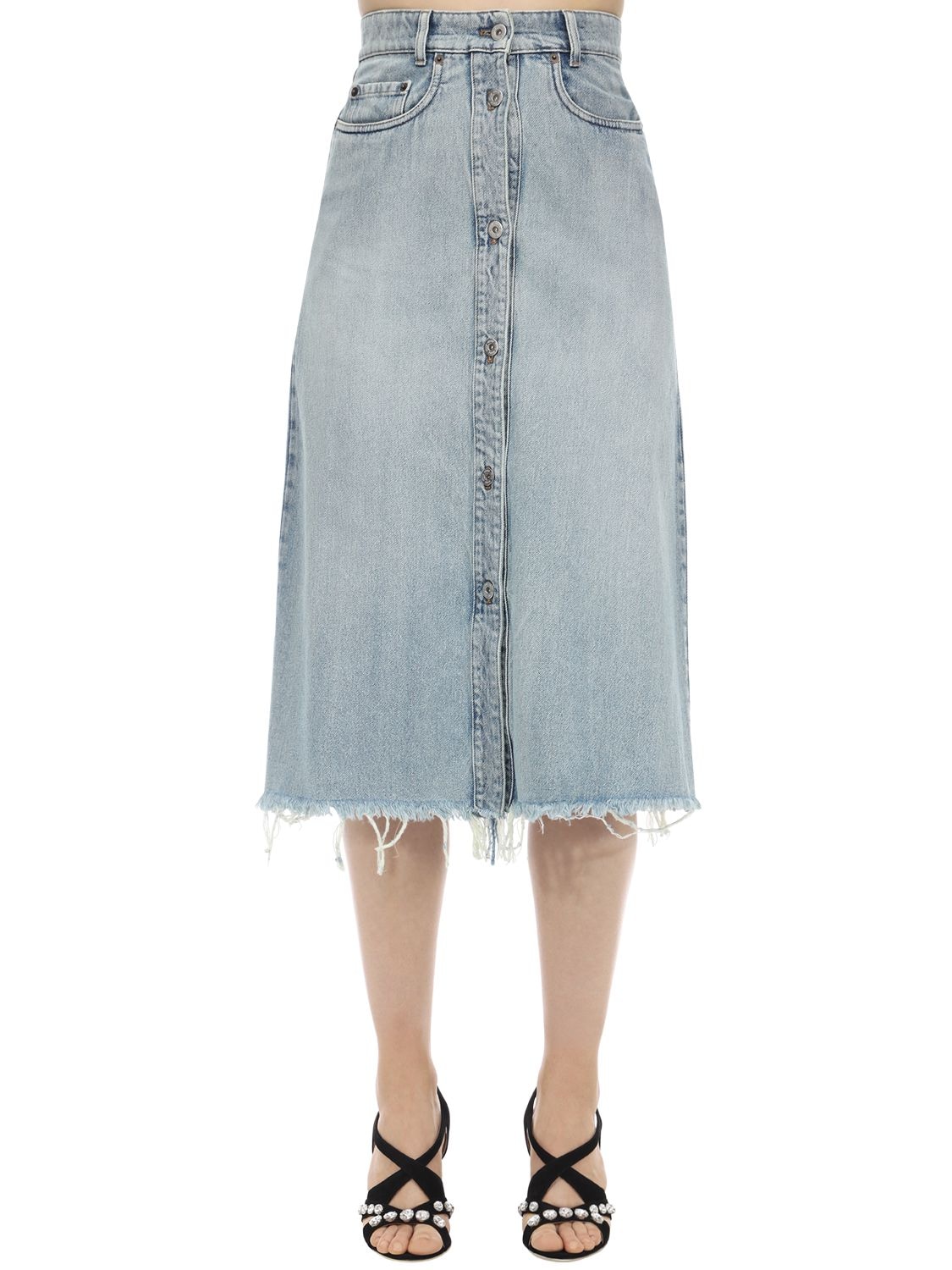 Miu Miu Cotton Denim Midi Skirt In L.blue Denim