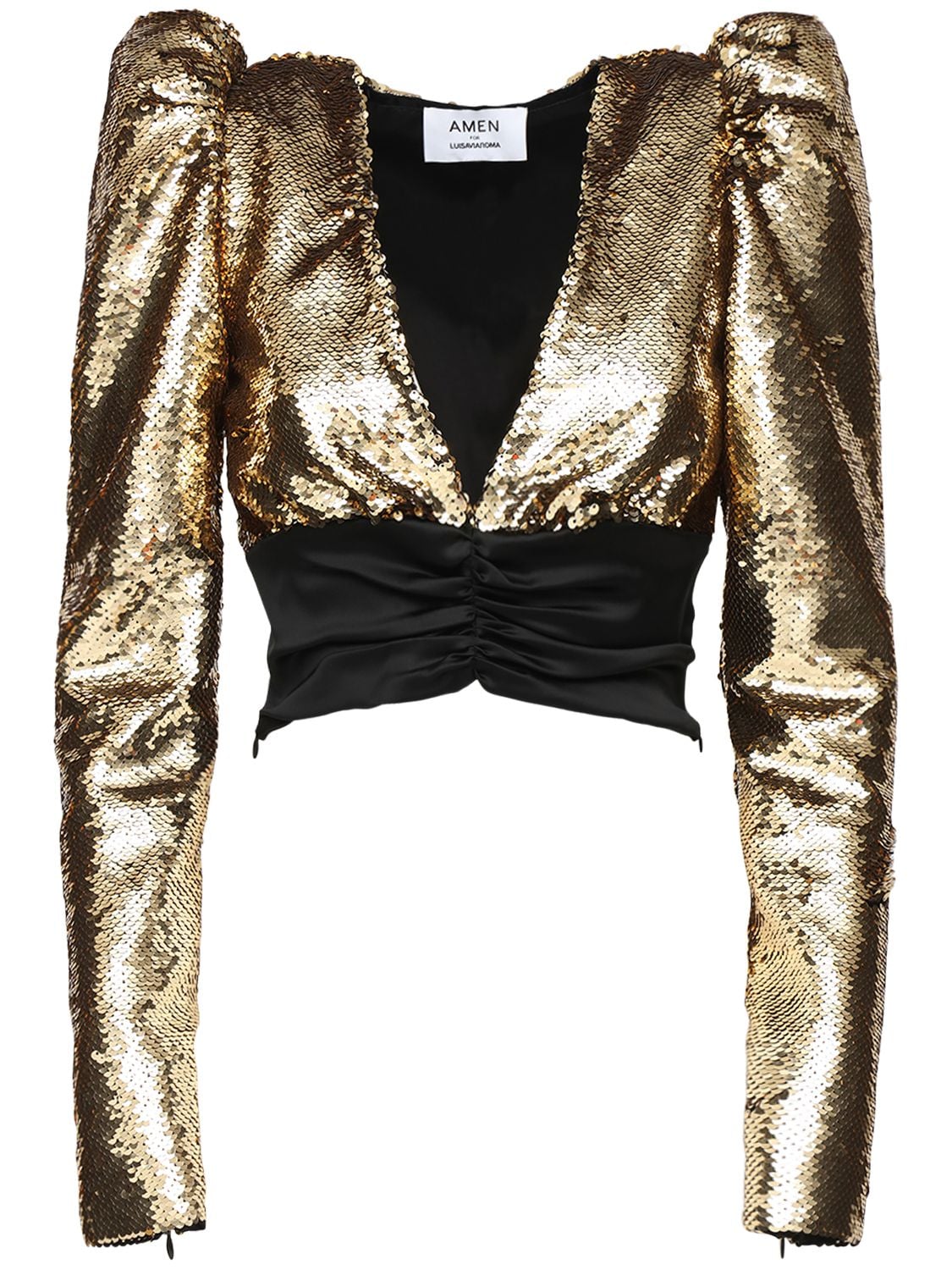 AMEN Puff Sleeves Sequined Satin Top