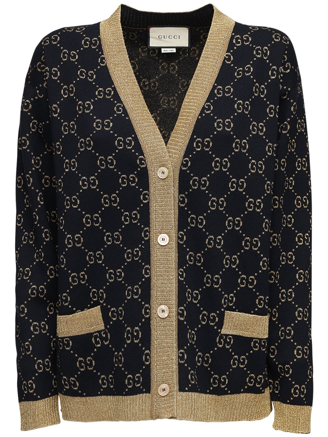 Shop Gucci Gg Supreme Cotton & Lurex Cardigan In Blue,gold