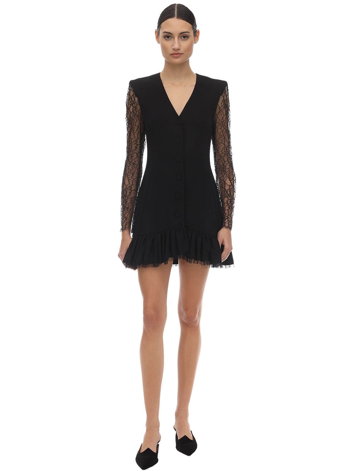 Ulyana Sergeenko Wool Mini Dress W/lace Sleeves In Black