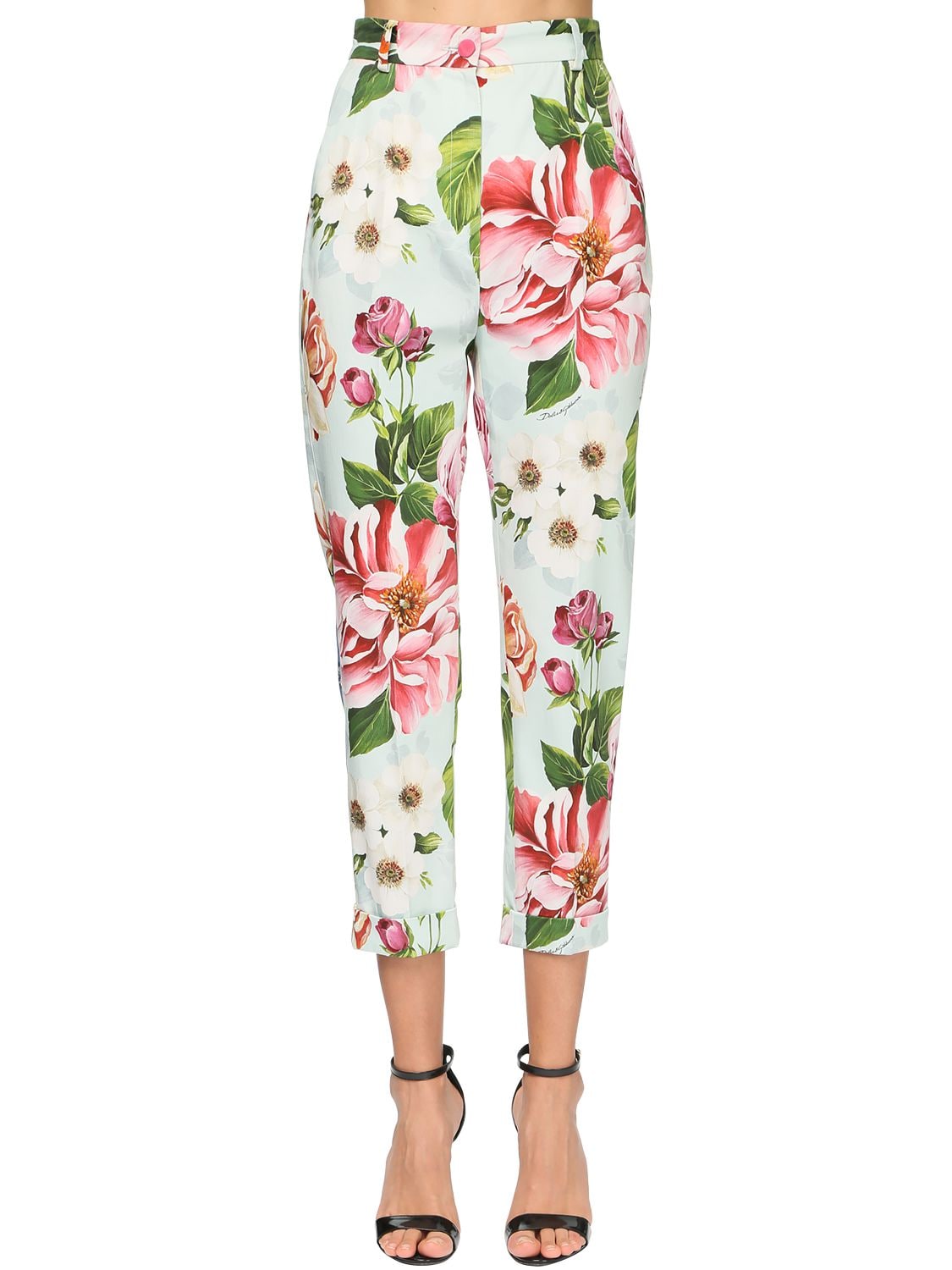 Dolce And Gabbana Floral Print Cotton Drill Straight Leg Pants In Multicolor Modesens
