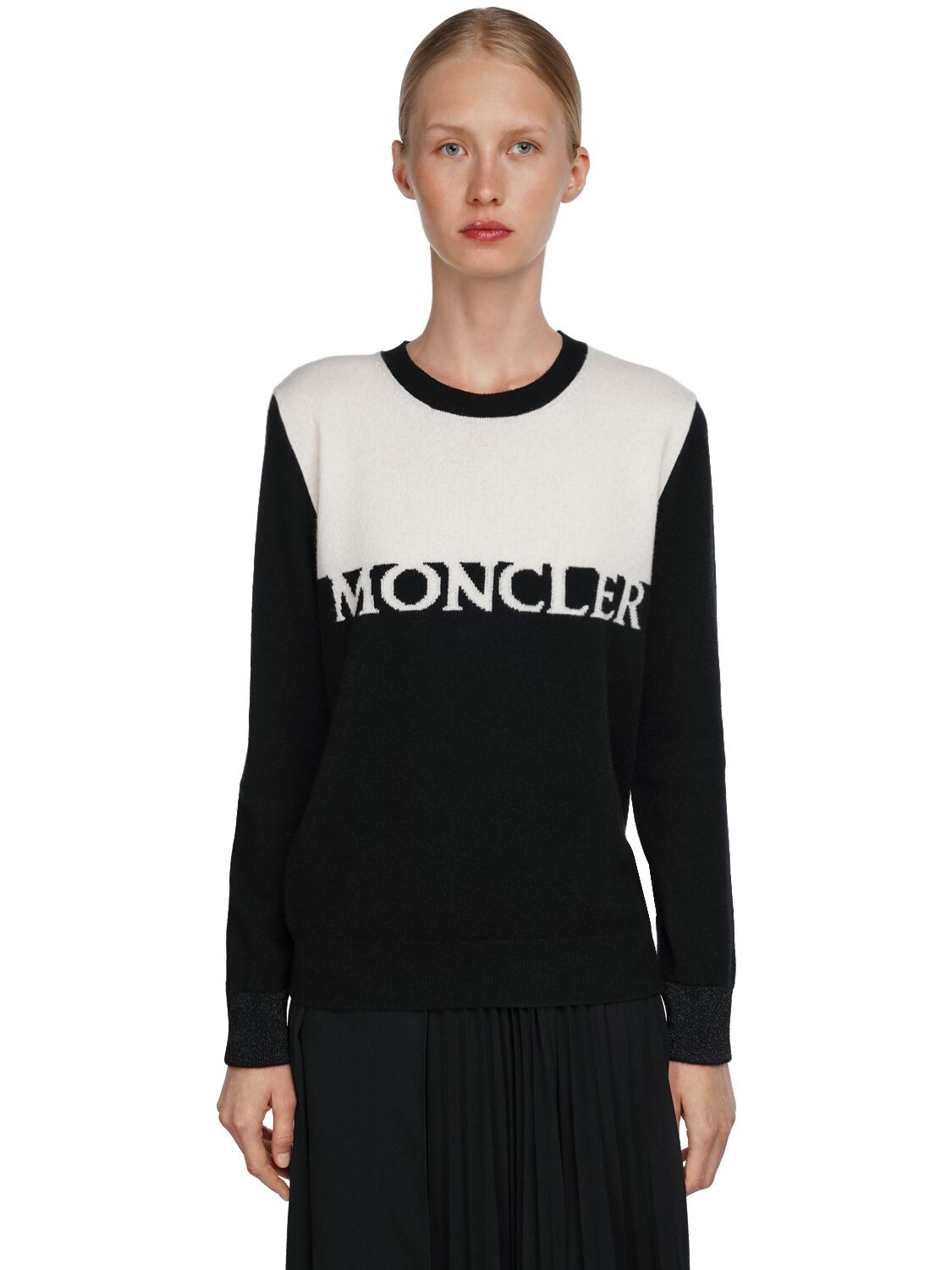 Moncler Logo Intarsia Wool & Cashmere Sweater In Black,white | ModeSens