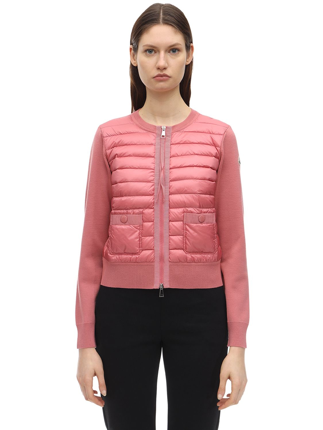 Moncler Wool Knit & Nylon Down Hybrid Jacket In Pink