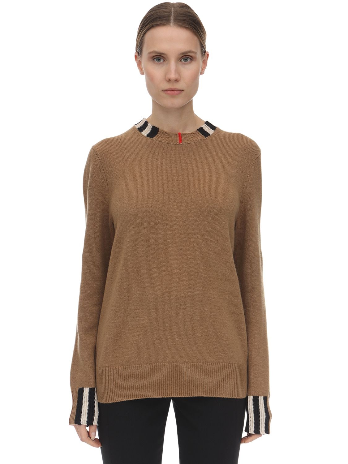Burberry Beige Cashmere Icon Stripe Trim Eyre Sweater In Braun | ModeSens