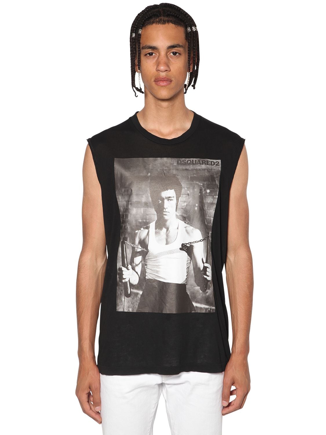 DSQUARED2 SLEEVELESS LEE PRINTED JERSEY T-SHIRT,71I04Y042-OTAW0