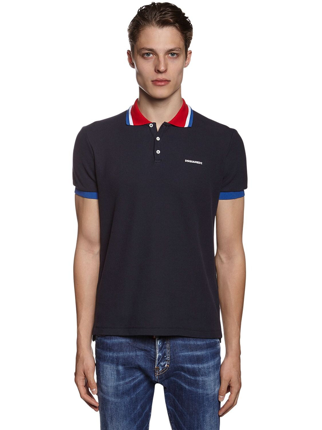 Dsquared2 Classic Logo Printed Cotton Pique Polo In Navy