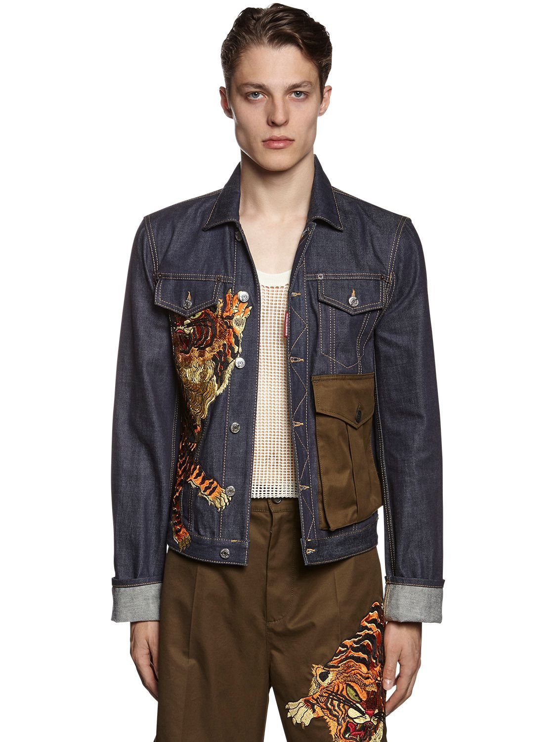 DSQUARED2 TIGER EMBROIDERY COTTON DENIM JACKET,71I04Y061-NDCW0