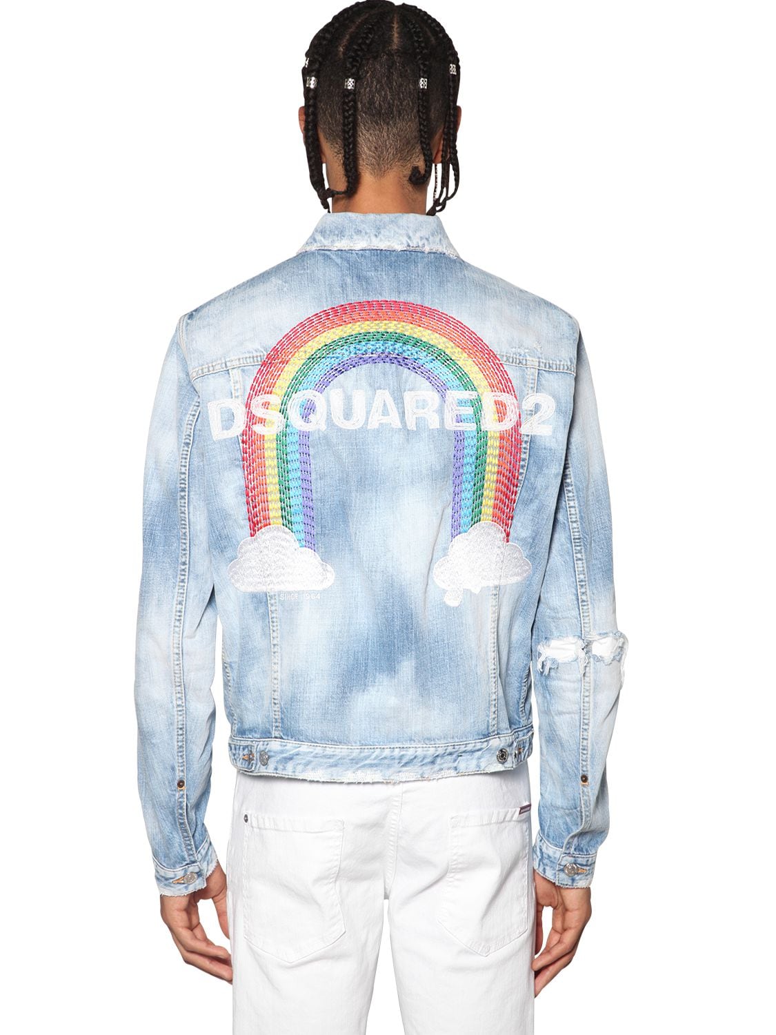 Dsquared2 Rainbow Embroidery Cotton Denim Jacket In Blue