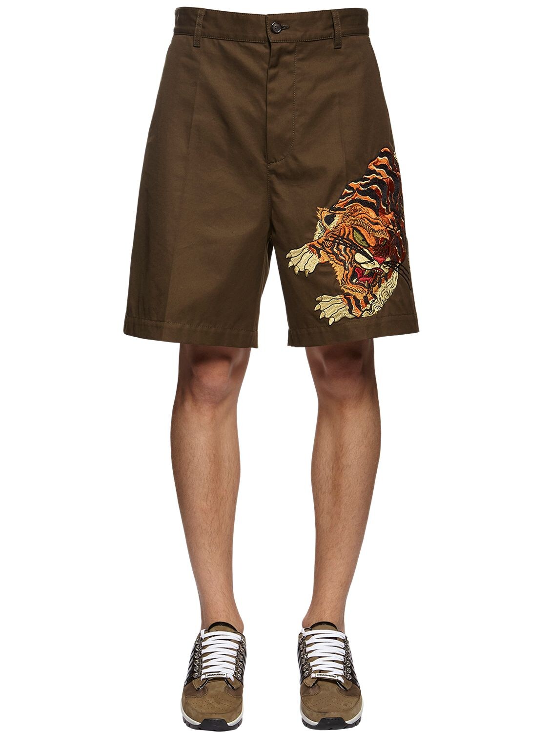 Dsquared2 Tiger Embroidery Cotton Twill Shorts In Military Green