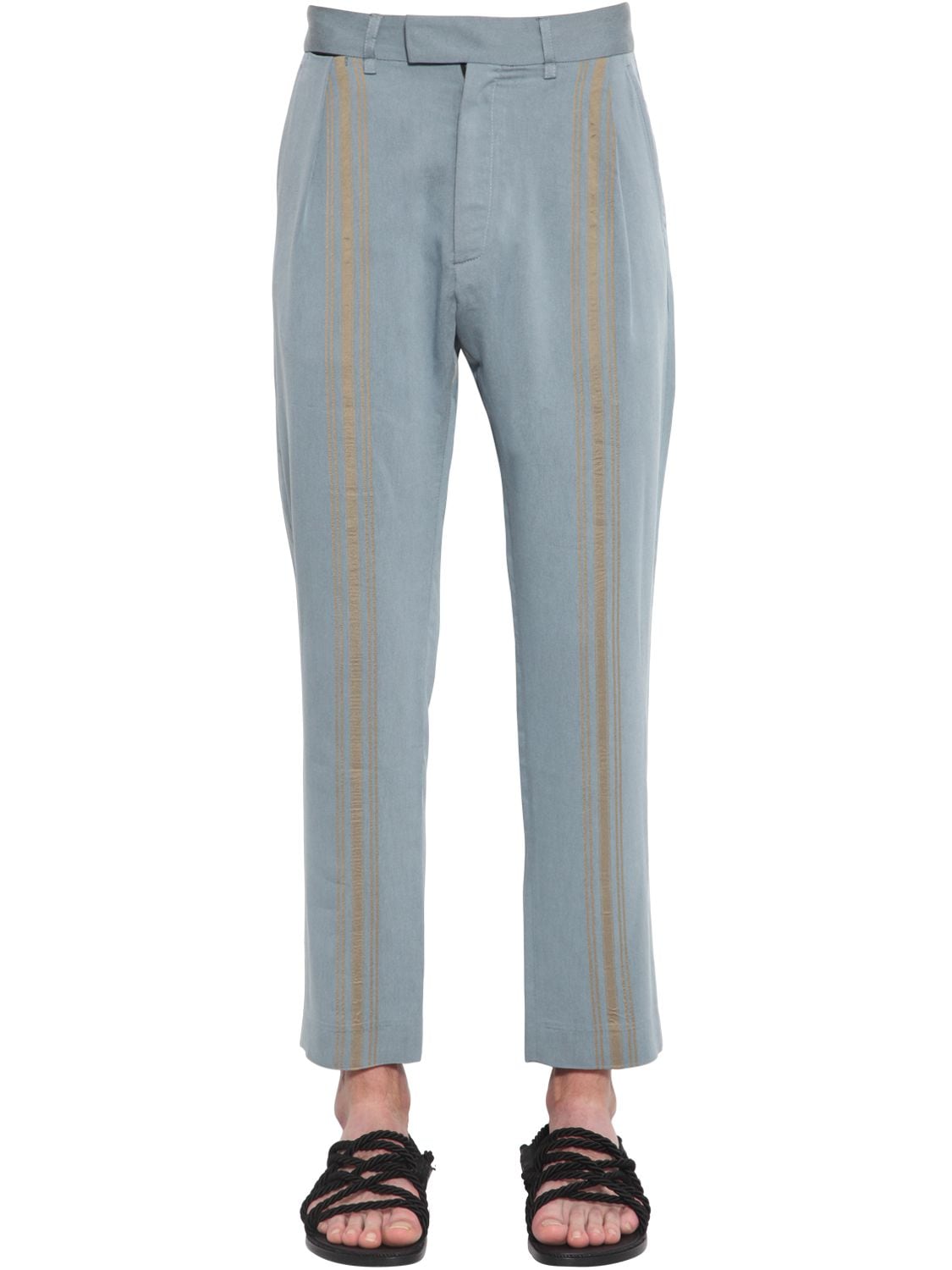 Ann Demeulemeester Pleated Viscose Cropped Pants In Light Blue,gold
