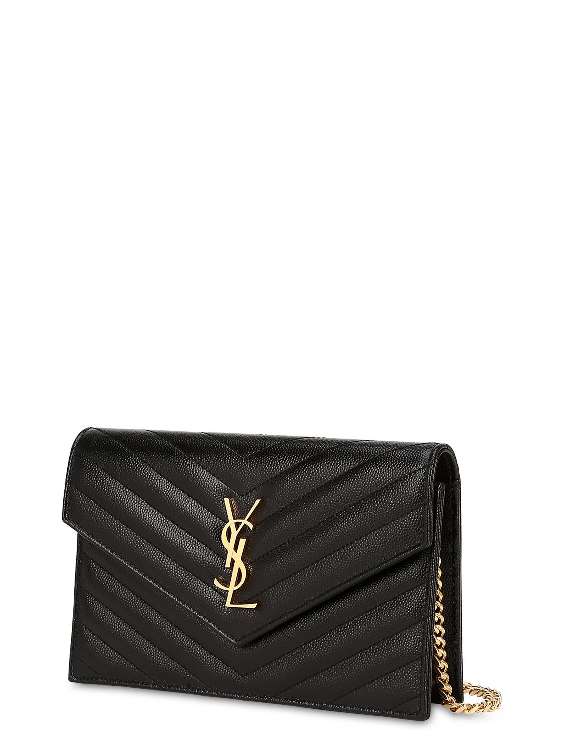 Saint Laurent Chevron Leather Monogram Wallet Chain Bag Black