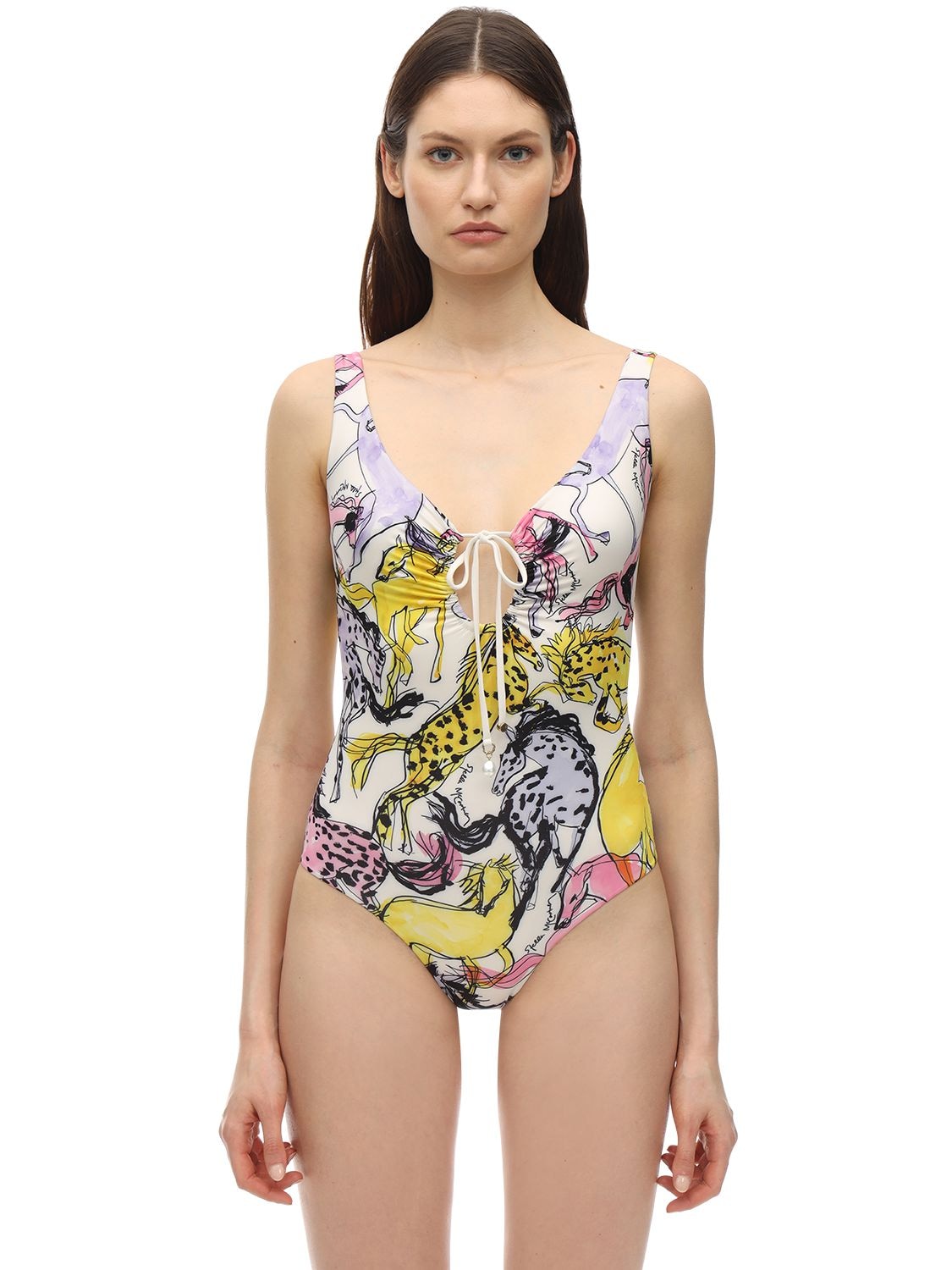 Stella Mccartney Embellished Ruched Printed Swimsuit In White,multi