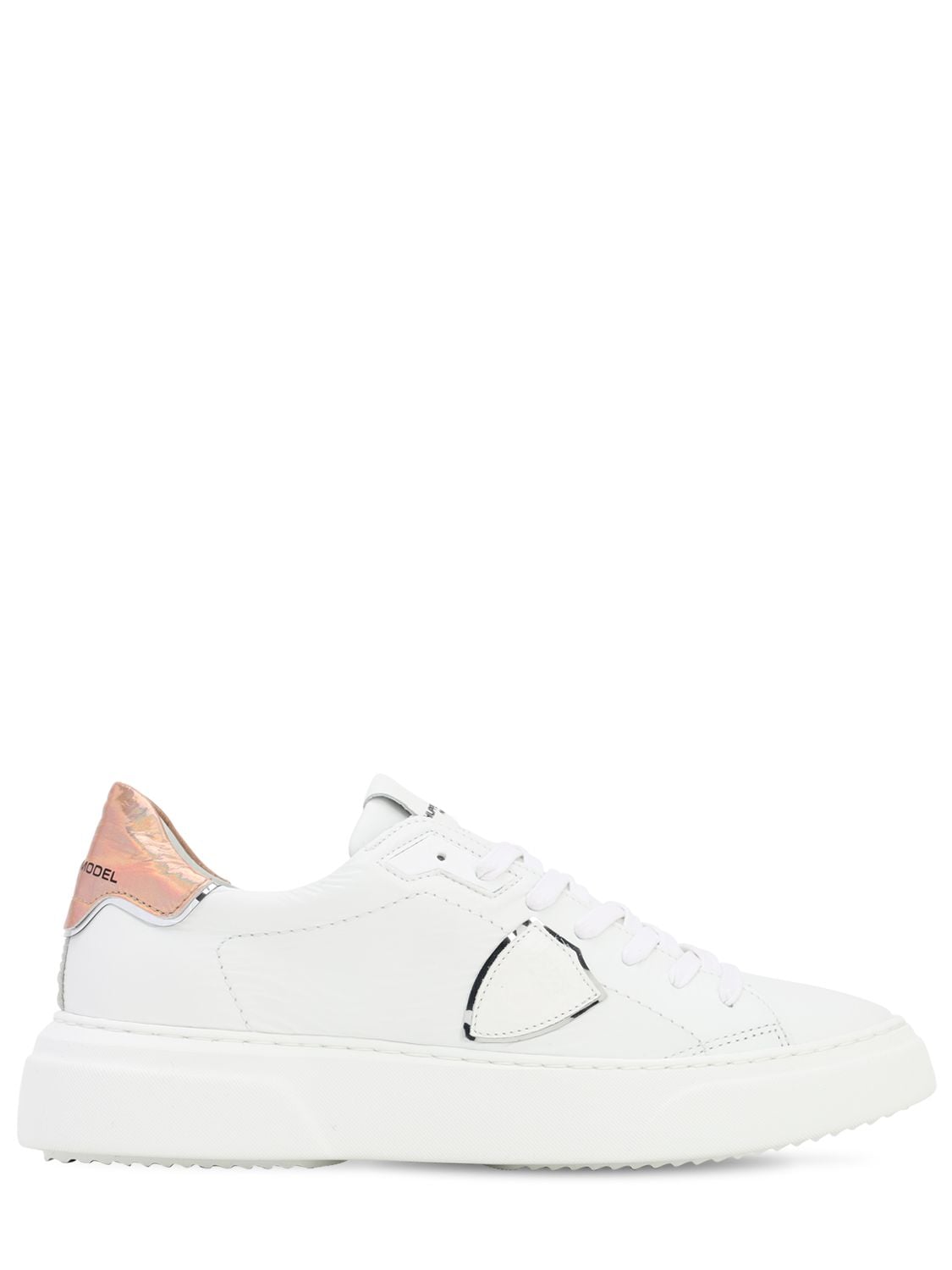 Philippe Model Temple Veau Neon Leather Sneakers In White,rose Gold