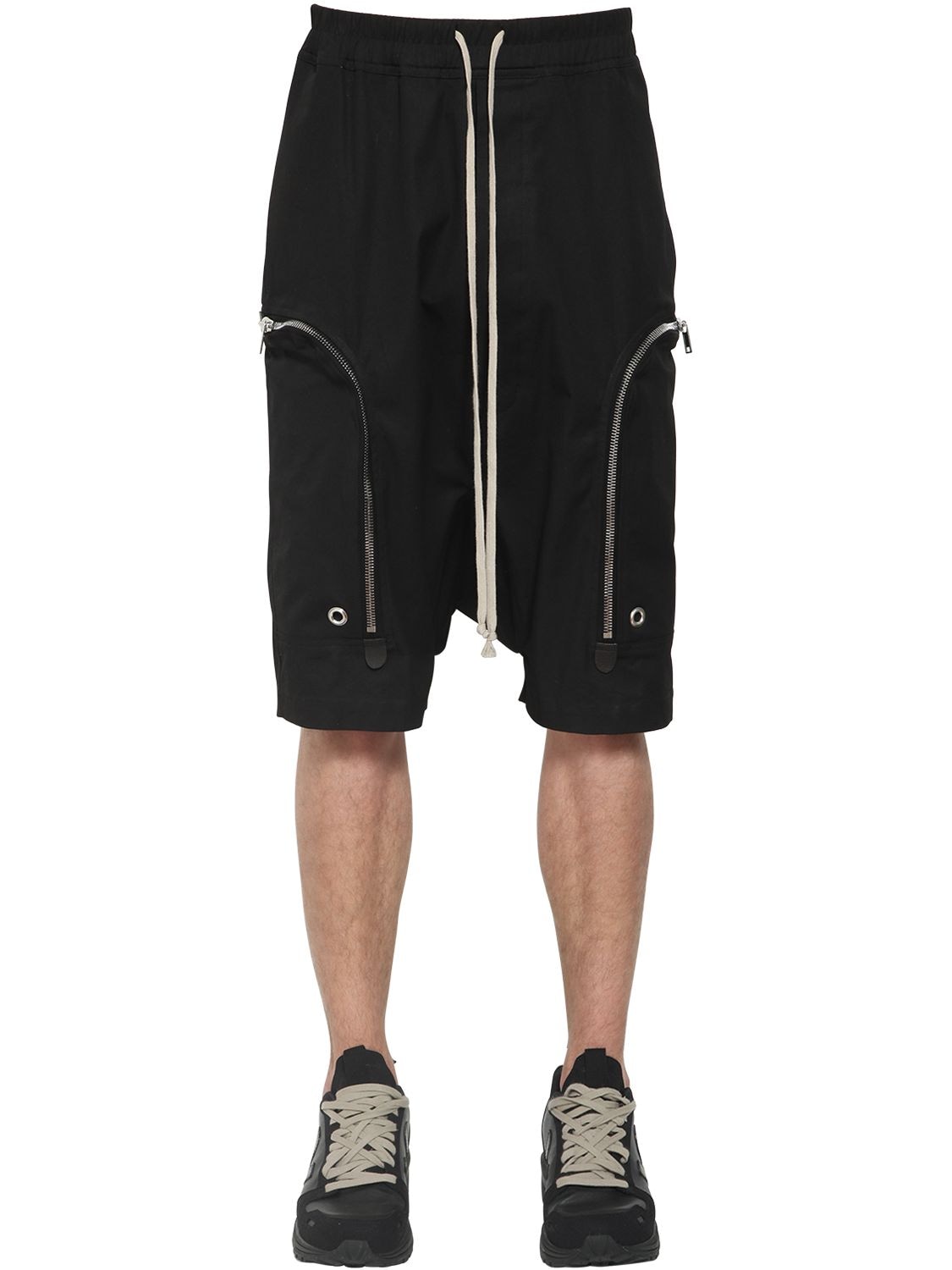 Rick Owens Drawstring Cotton Canvas Zip Shorts In Black