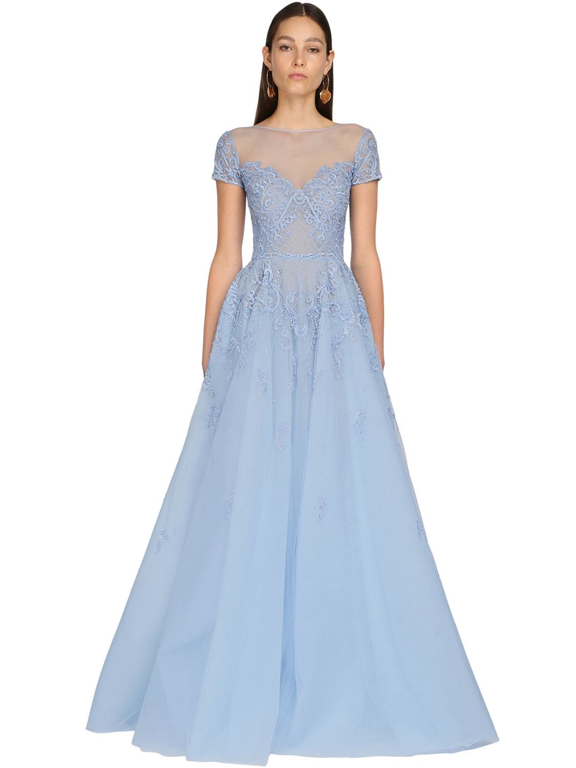 Zuhair Murad Embroidered Tulle & Lace Long Dress In Light Blue
