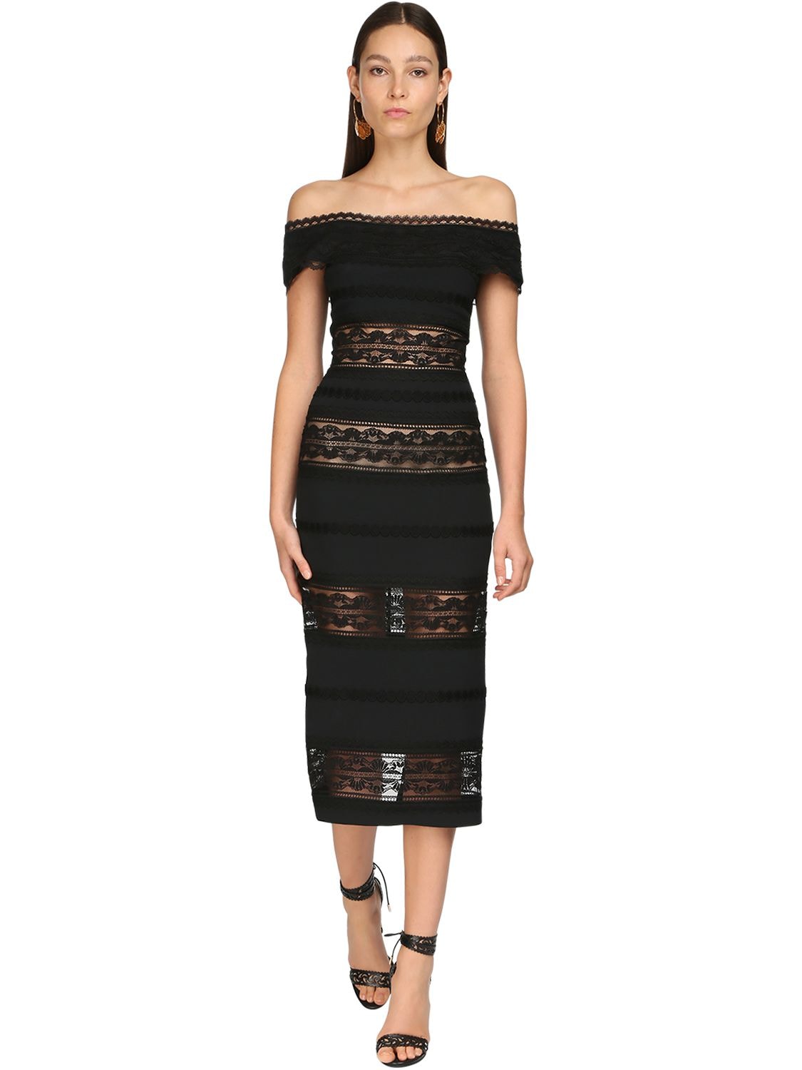 Zuhair Murad Off-the-shoulder Lace-striped Midi Dress In Black