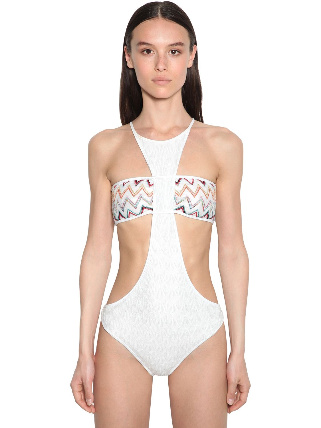 Missoni Raschel Trikini One Piece Swimsuit In White,multi
