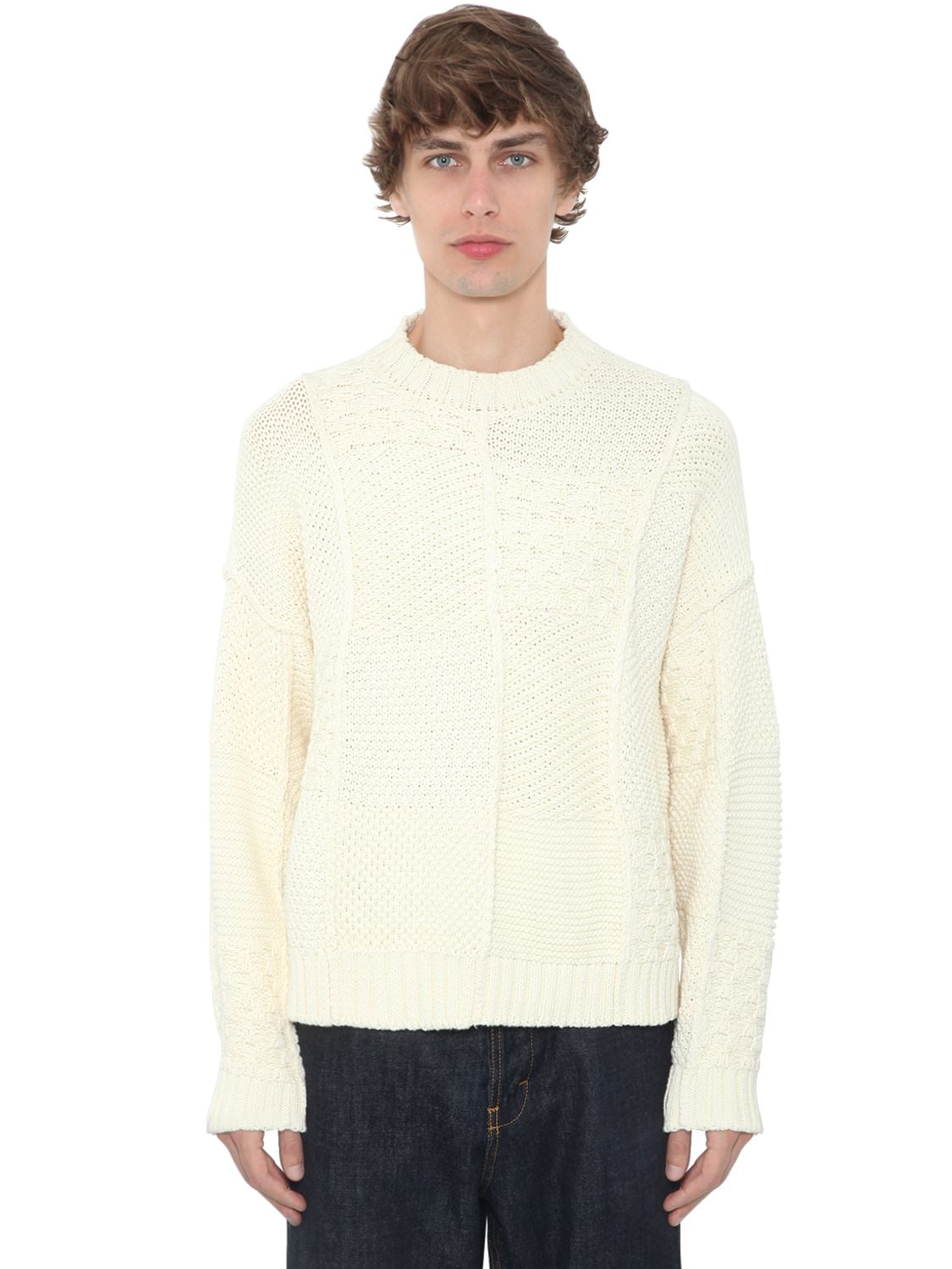 Jw Anderson Patchwork Cotton Knit Sweater In Off White