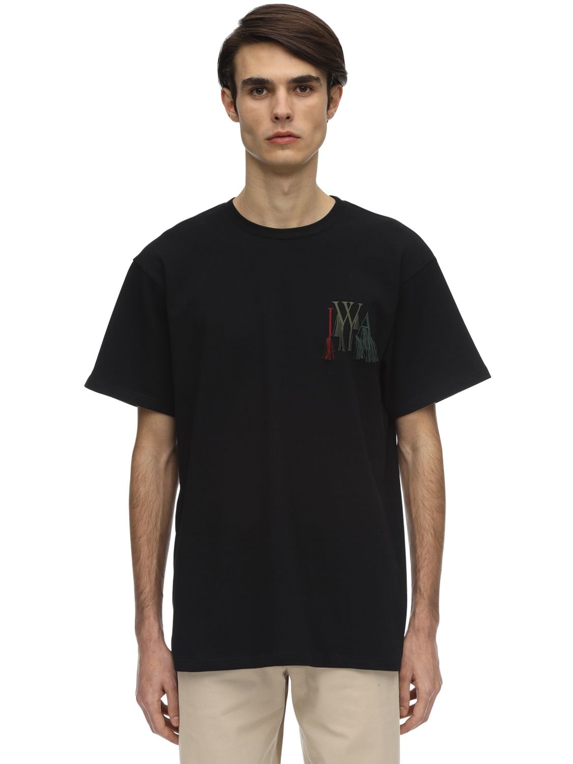 Jw Anderson Fringed Logo-embroidered Cotton T-shirt In Black | ModeSens