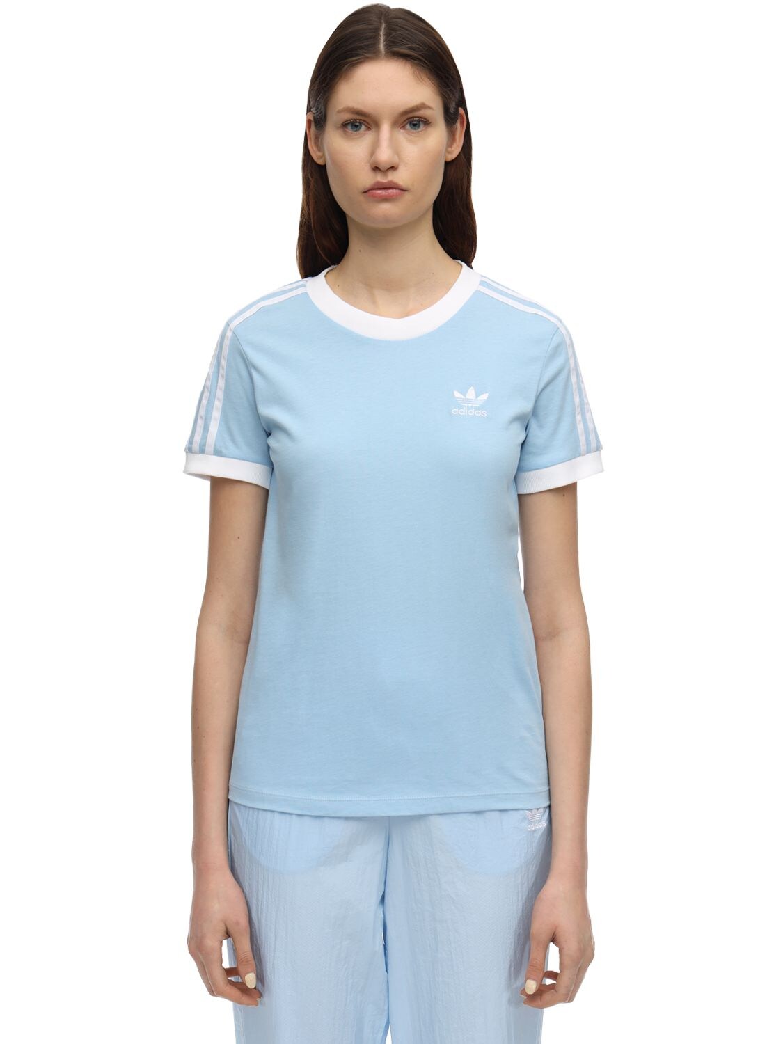Adidas Originals Striped Logo Cotton T-shirt In Blue