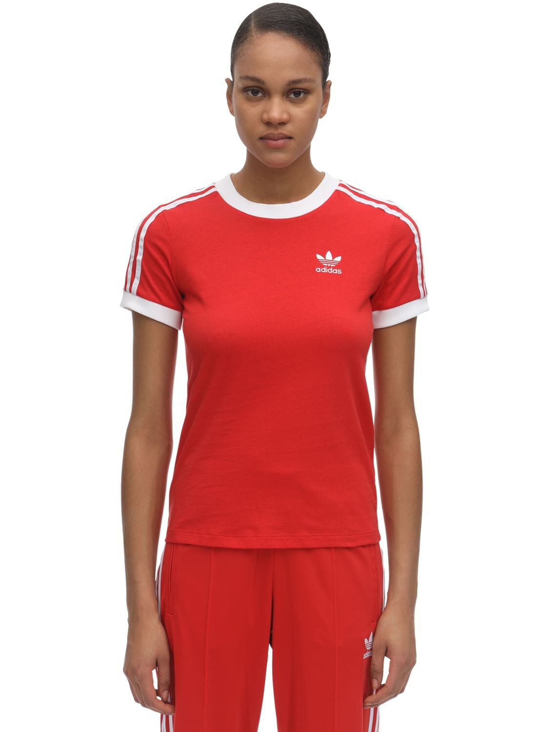 Adidas Originals Logo细节条纹纯棉t恤 In Red