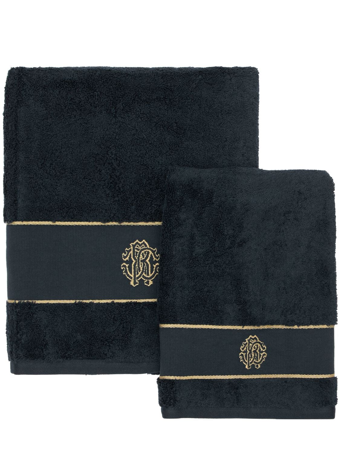 Roberto Cavalli Set Of 2 New Gold Towels In Black