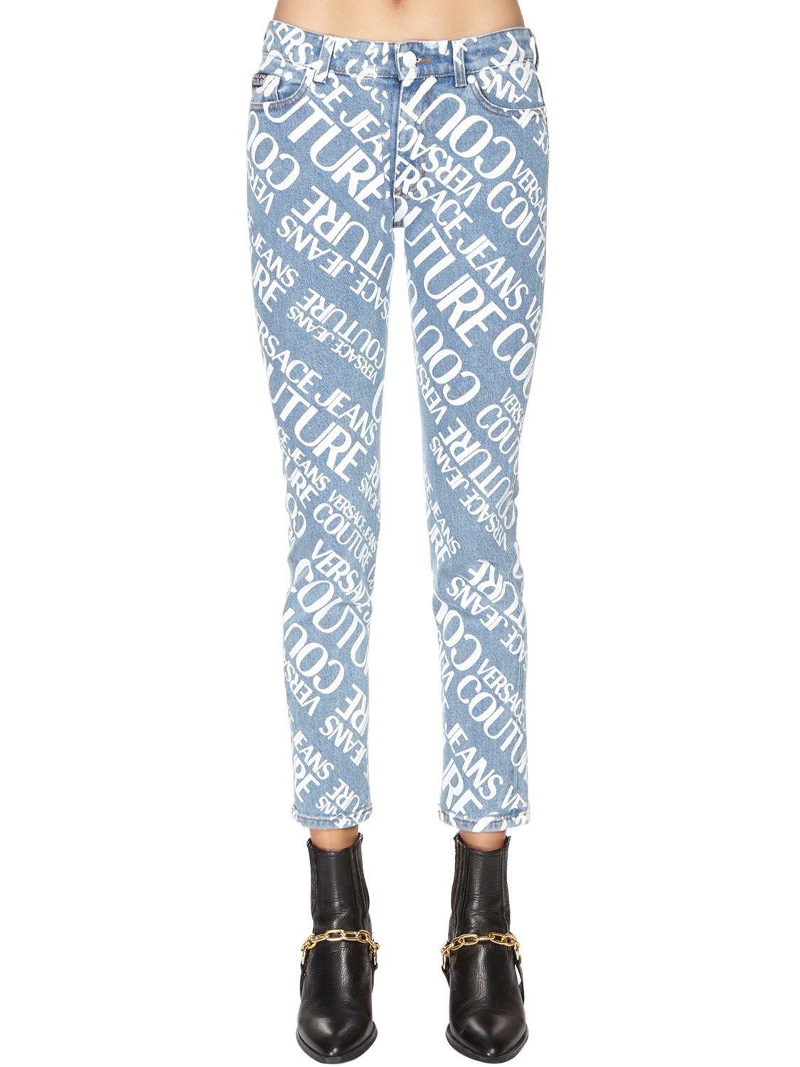 VERSACE JEANS COUTURE ALL OVER PRINTED COTTON DENIM JEANS,71I0TY001-OTA00