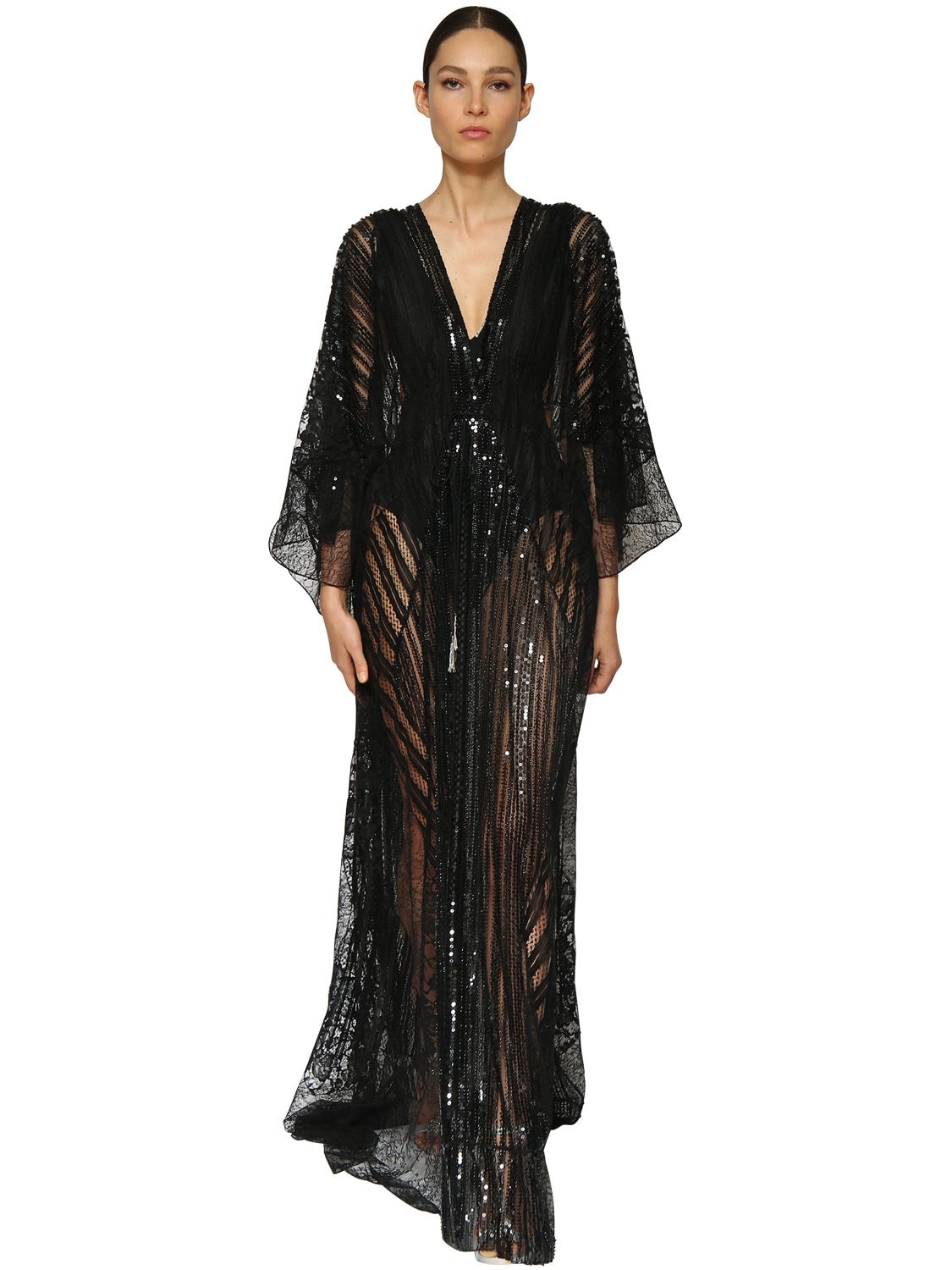 Azzaro Embellished Lace Caftan Dress In Black
