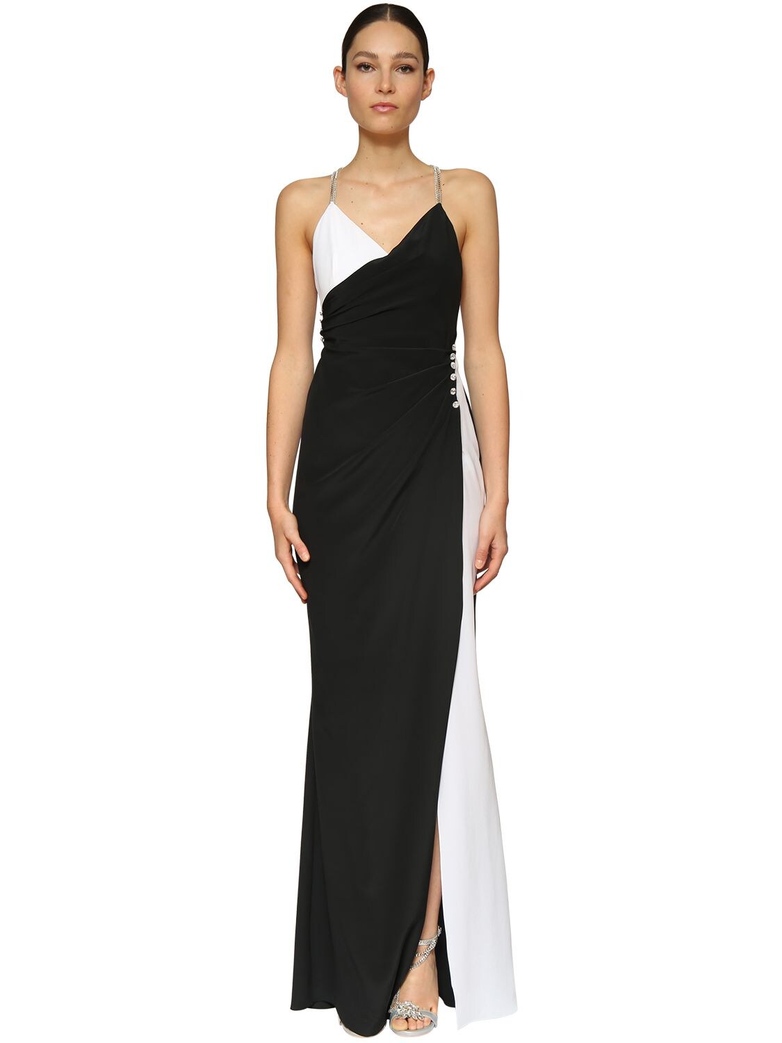 Azzaro Light Crepe Long Dress W/ Crystals In Black,white