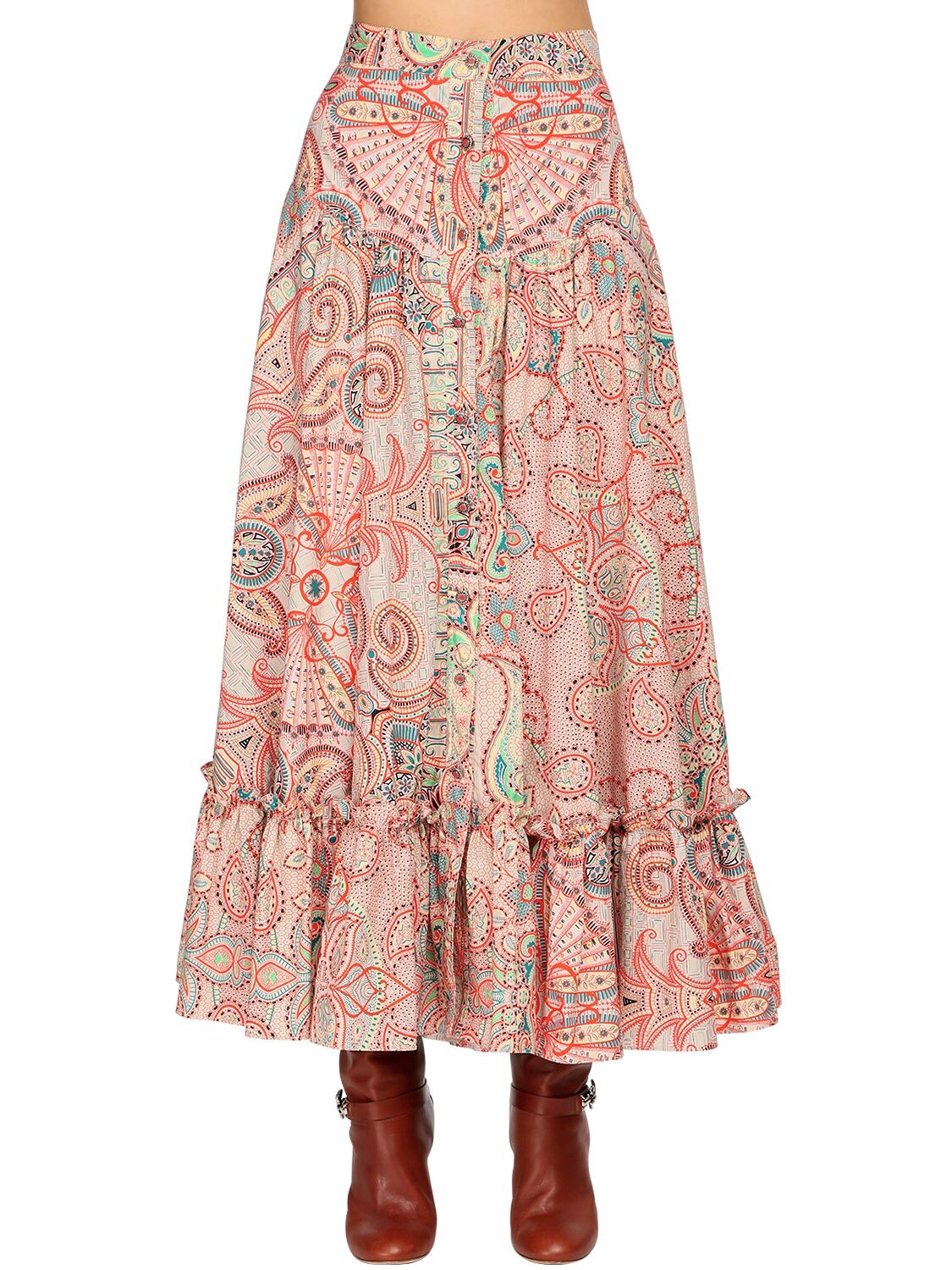 Etro Gathered Printed Cotton-poplin Midi Skirt In Multicolor