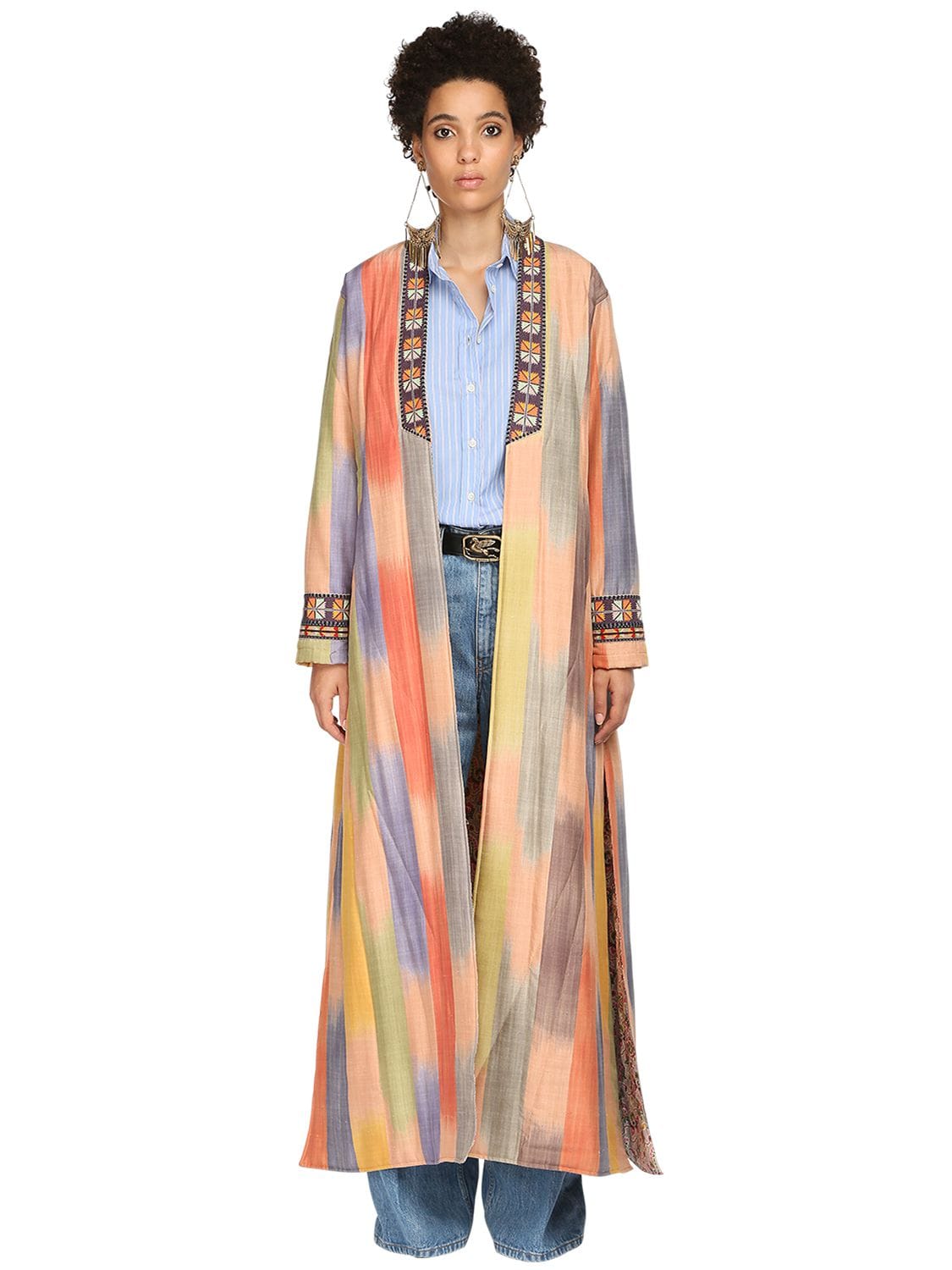 Etro Maxi Coat With Ikat Print In Multicolor