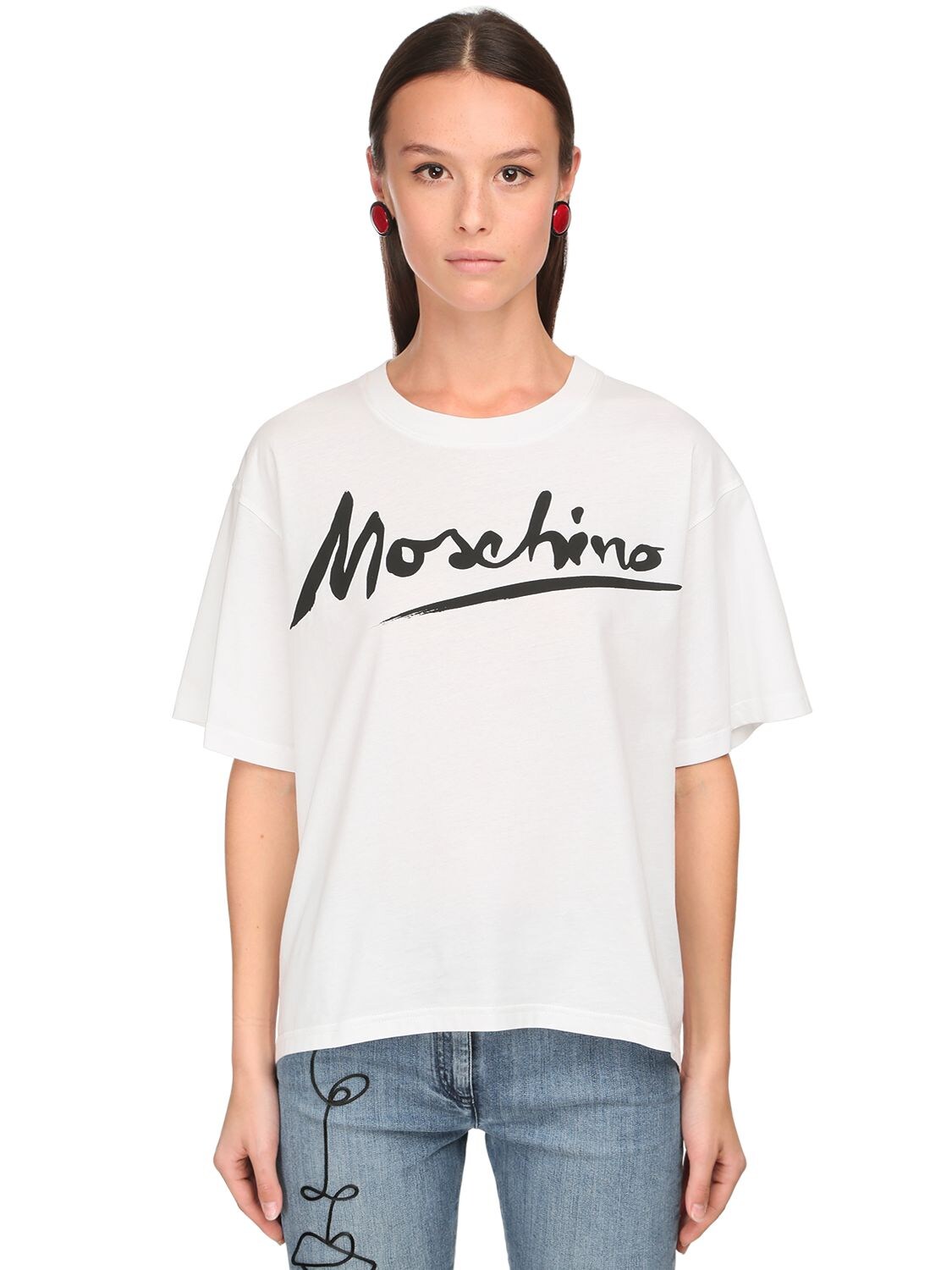 MOSCHINO SIGNATURE PRINT COTTON JERSEY T-SHIRT,71I1JW019-QTEWMDE1