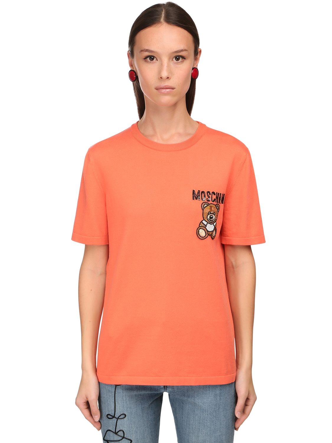 Moschino Cotton Knit T-shirt W/ Embellished Patch In Orange