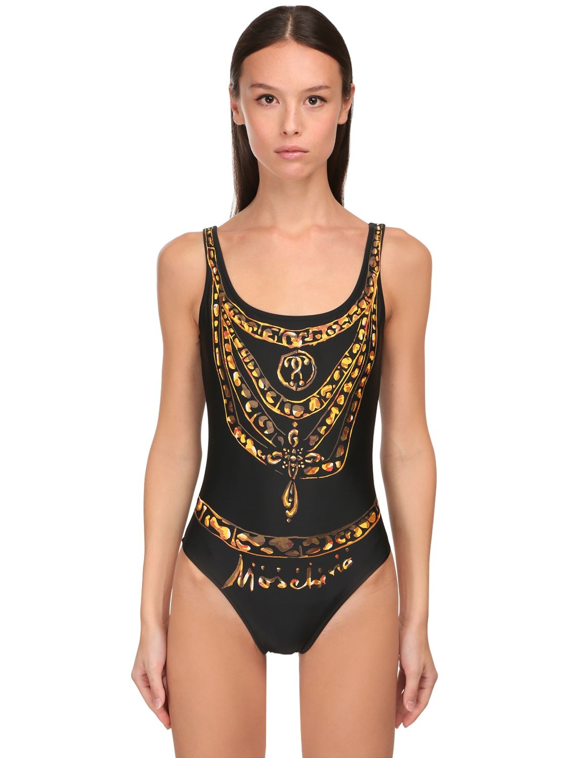 Moschino One Piece Chains Swimsuit In Black In Black,gold