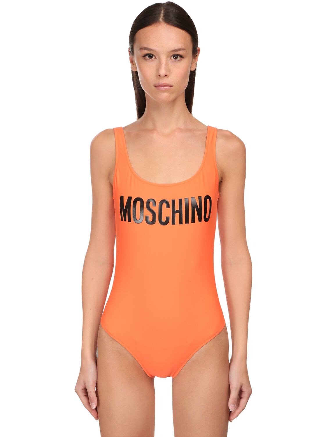 Moschino Logo Printed One Piece Swimsuit In Orange
