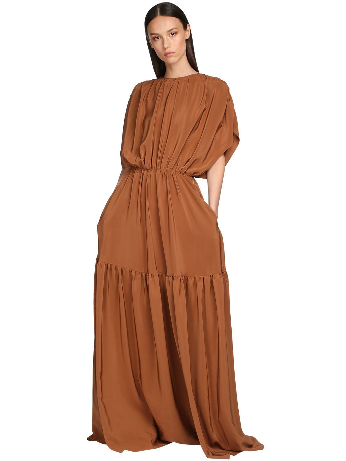Rochas Long Crepe De Chine Tunic Dress In Light Brown