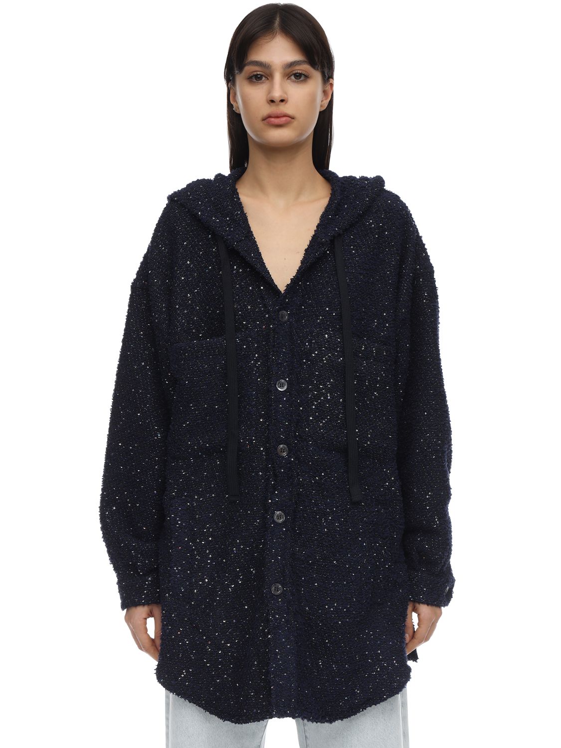 Faith Connexion Hooded Sequin Embellished Tweed Jacket In Blue