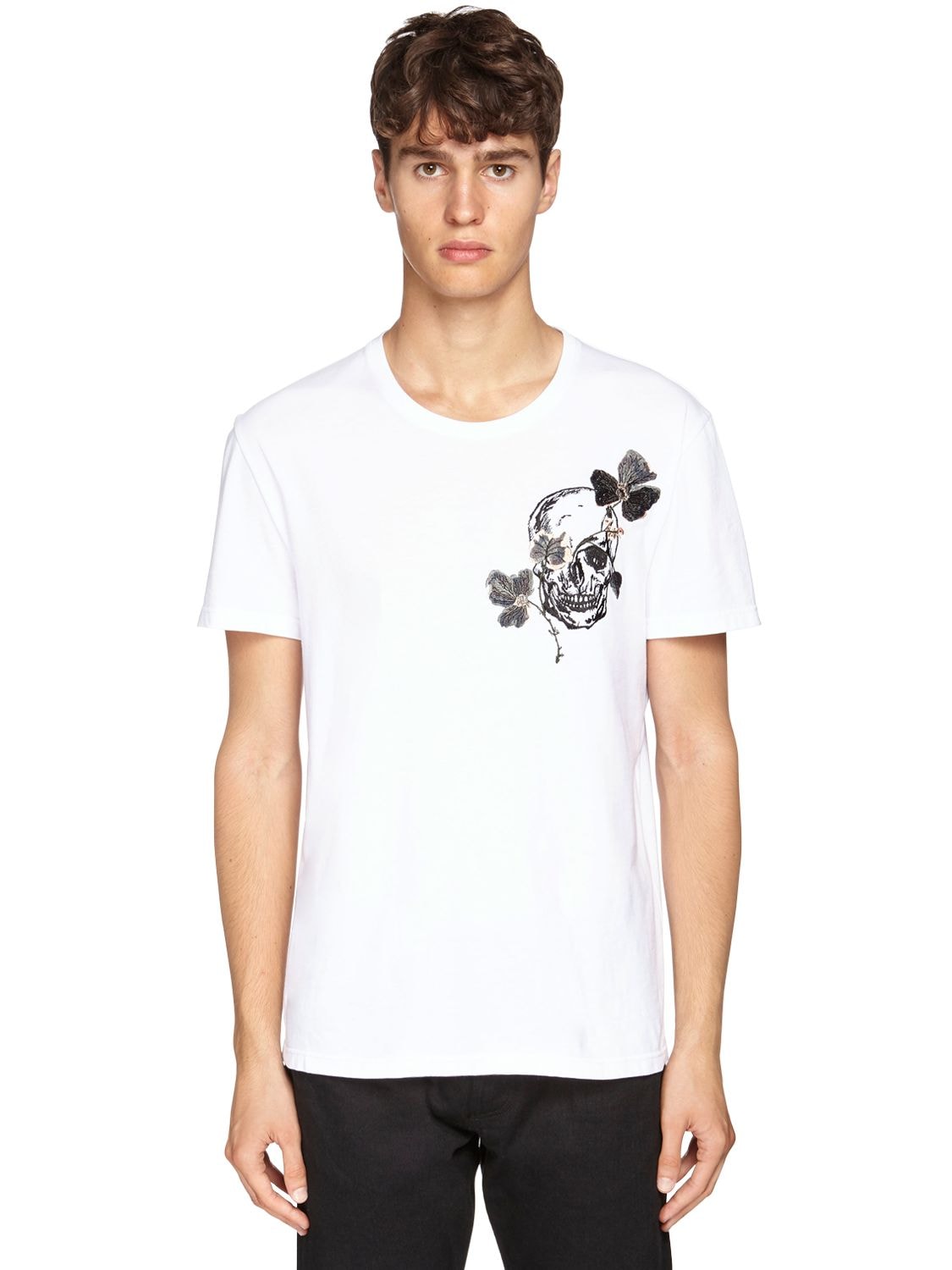 ALEXANDER MCQUEEN SKULL & FLORAL EMBROIDERED T-SHIRT,71I1UO012-MDKWMA2