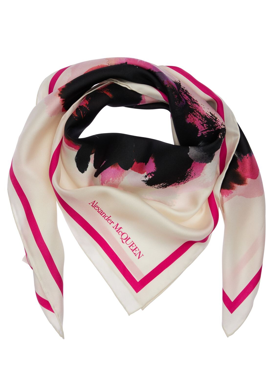 Alexander Mcqueen Floral Printed Silk Twill Scarf In Ivory,pink