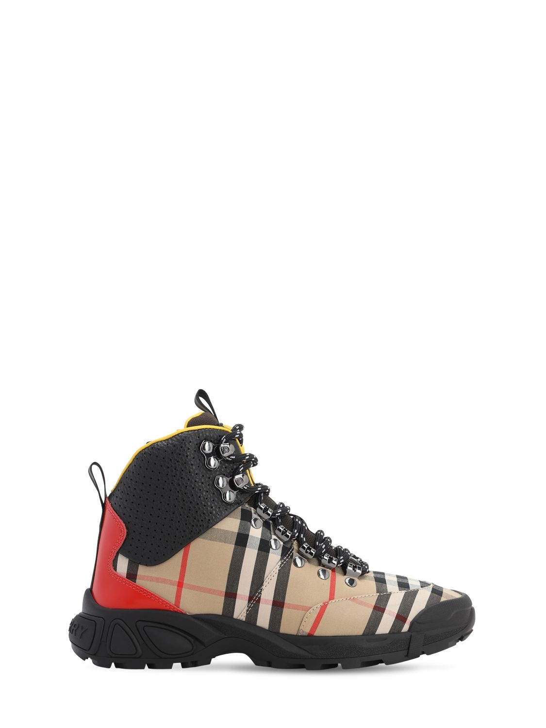 BURBERRY CHECK COTTON & LEATHER HIGH TOP SNEAKERS,71I1US001-QTCWMJY1