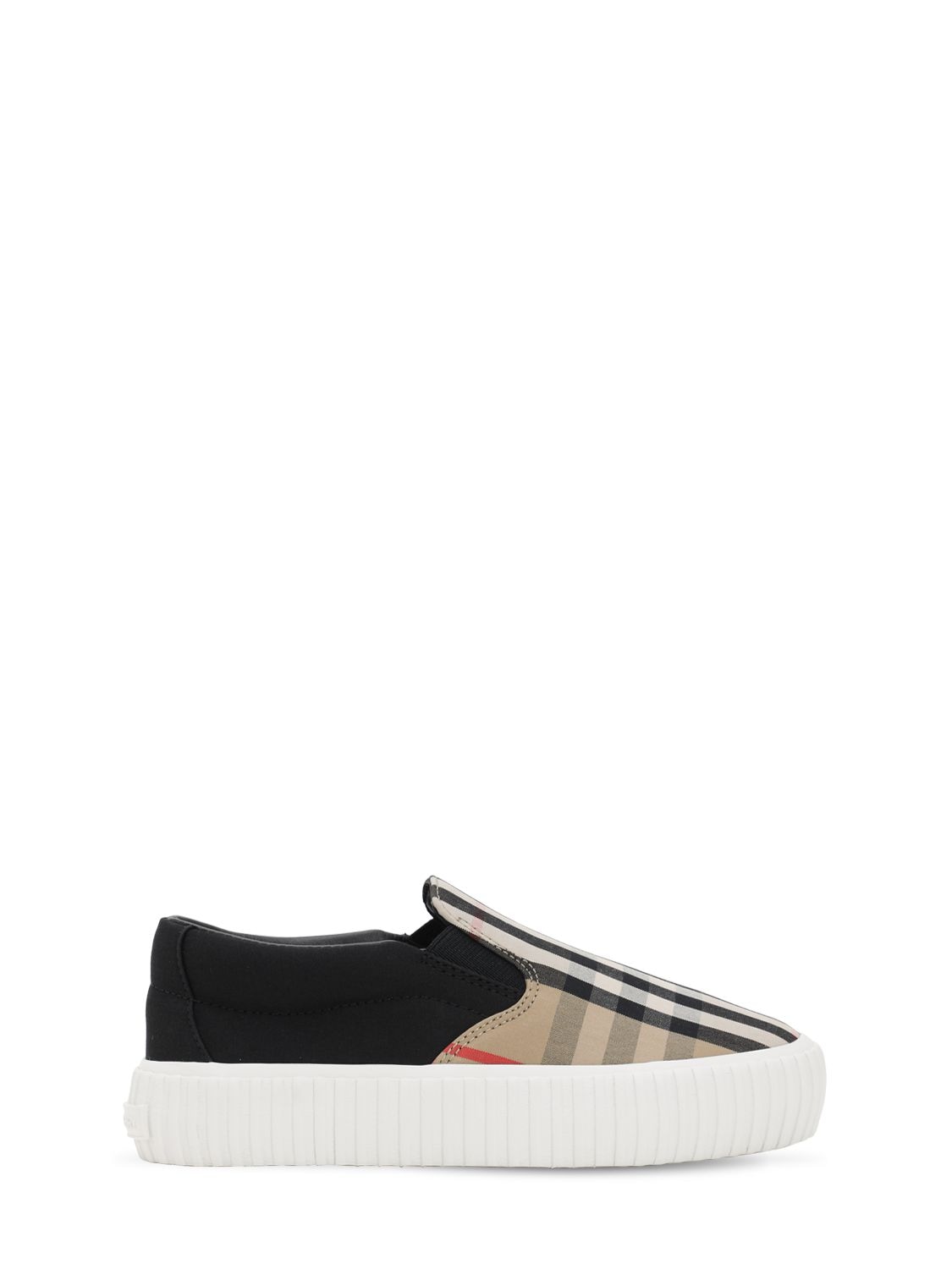 Burberry Kids' Check Cotton Canvas Slip-on Sneakers In 베이지,블랙