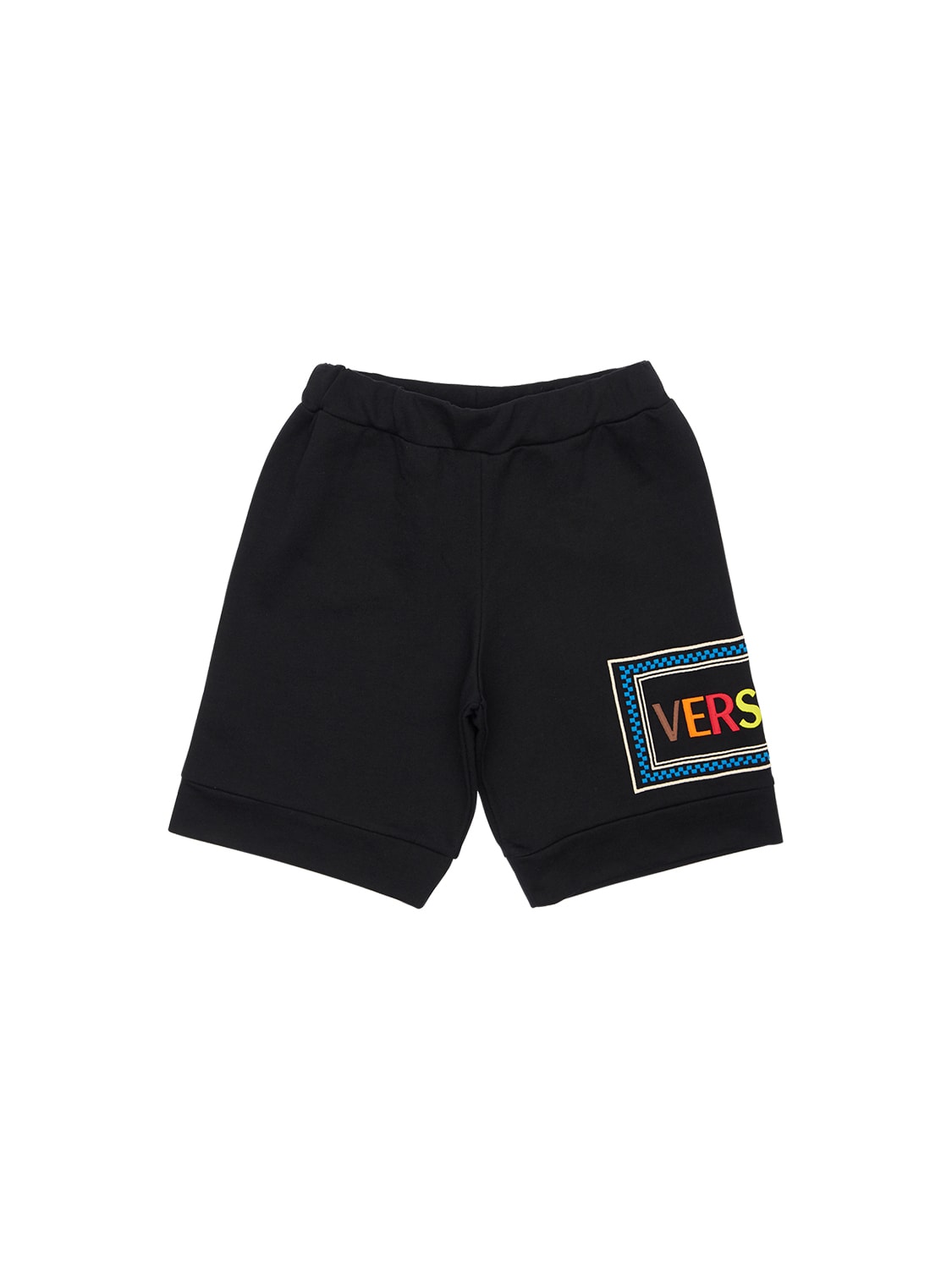 Versace Kids' Embroidered Logo Cotton Sweat Shorts In Black