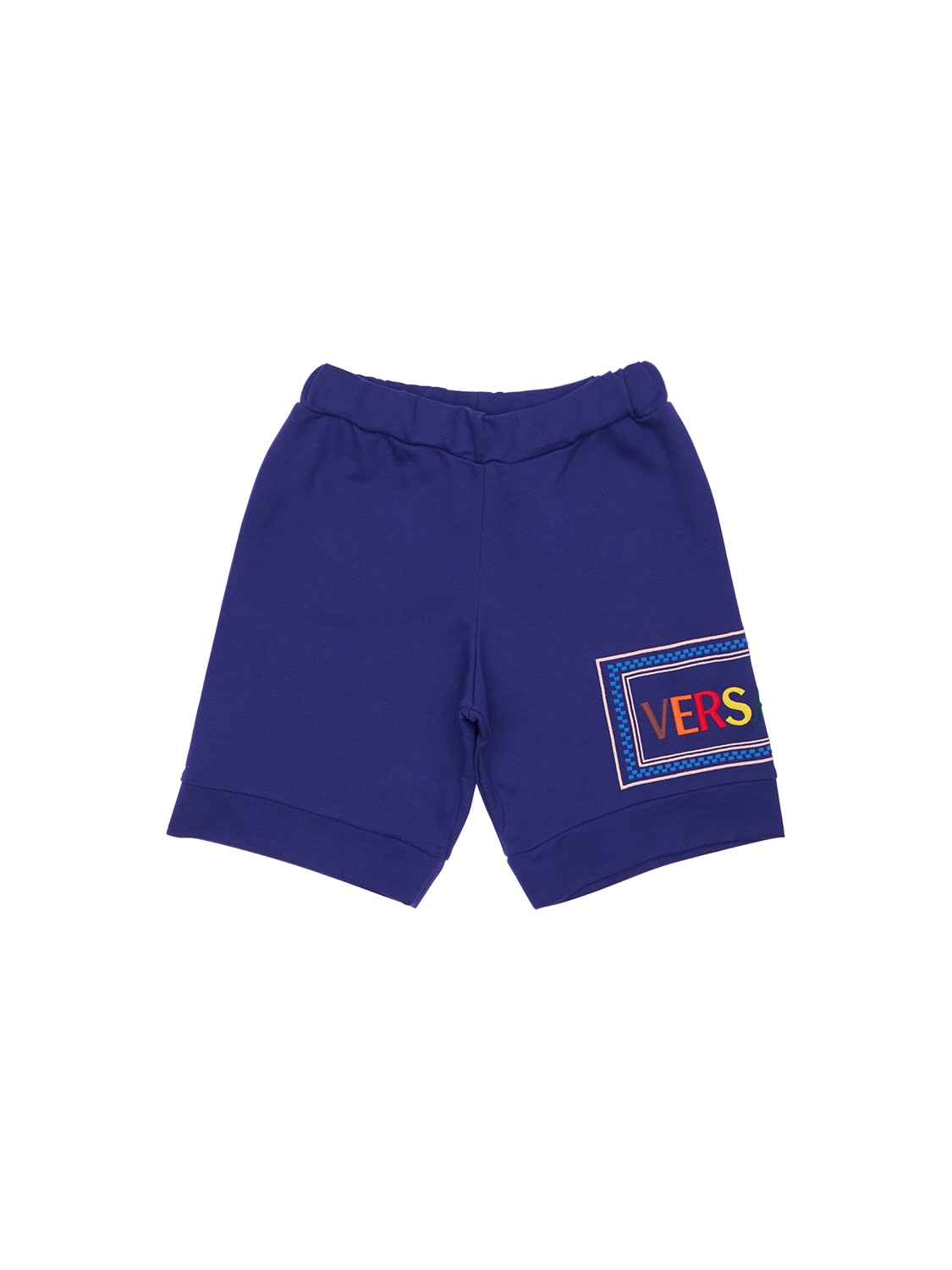 Versace Kids' Embroidered Logo Cotton Sweat Shorts In Blue