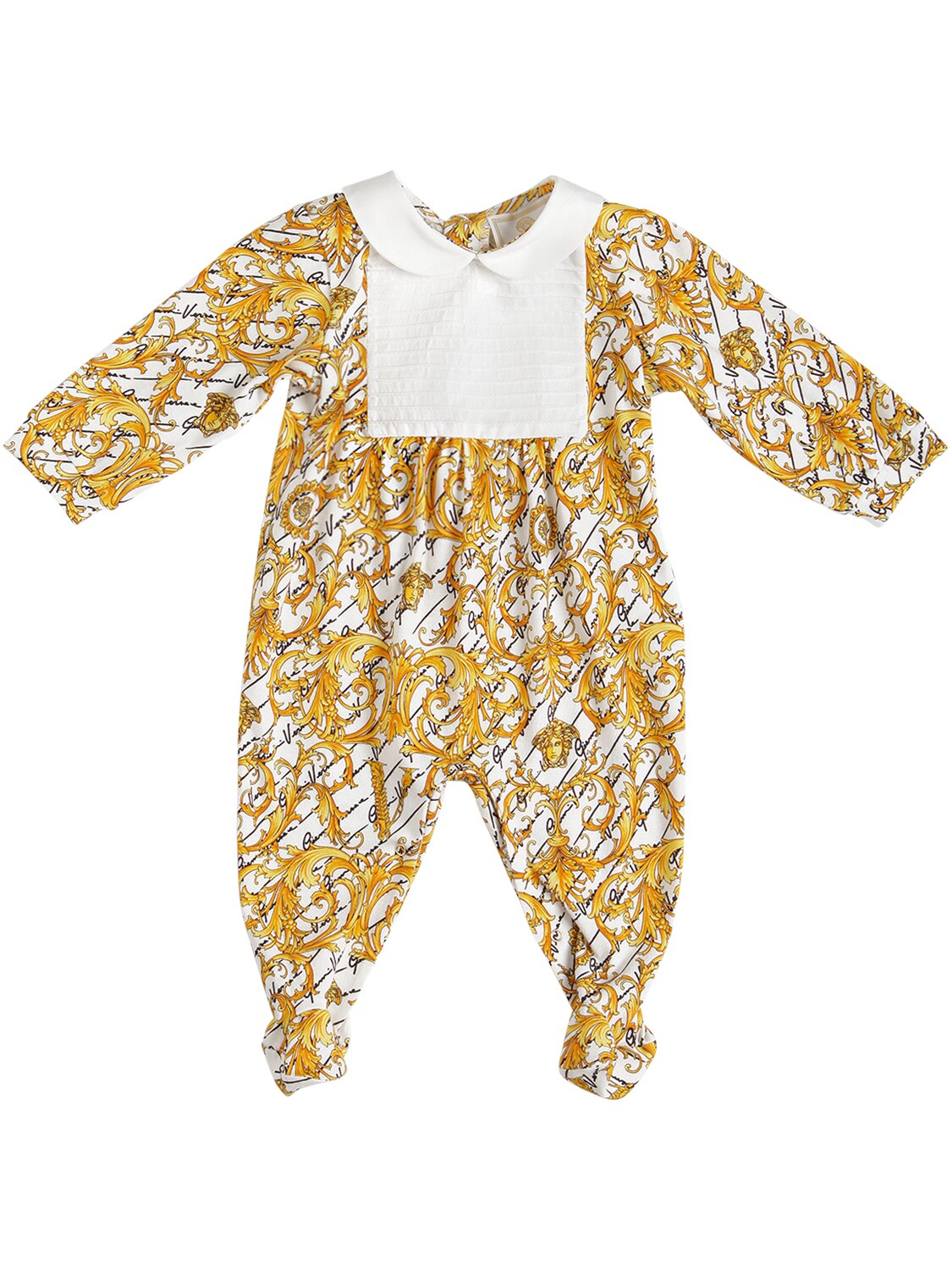 Versace Babies' Baroque Print Cotton Jersey Romper In White,yellow