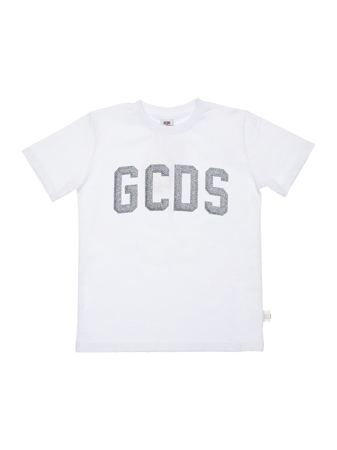 Gcds Kids' Glittered Logo Cotton Jersey T-shirt In White,silver